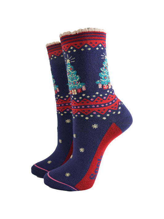 navy blue and red bamboo socks with a classic green xmas tree and presents on the ankle of the socks