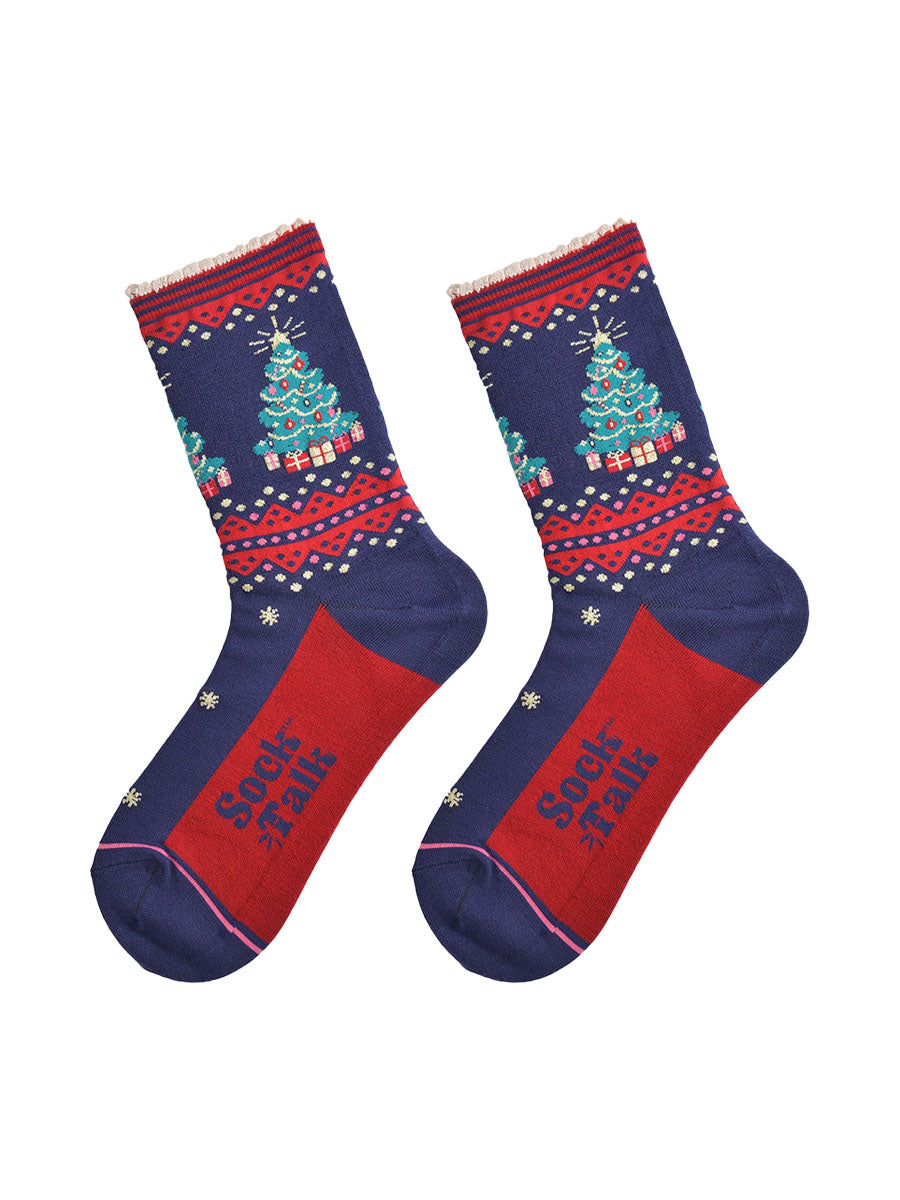showing the christmas tree socks laying flat, they have a red sole, gold stars and a classic green christmas tree surronded by gifts on the ankle of the socks