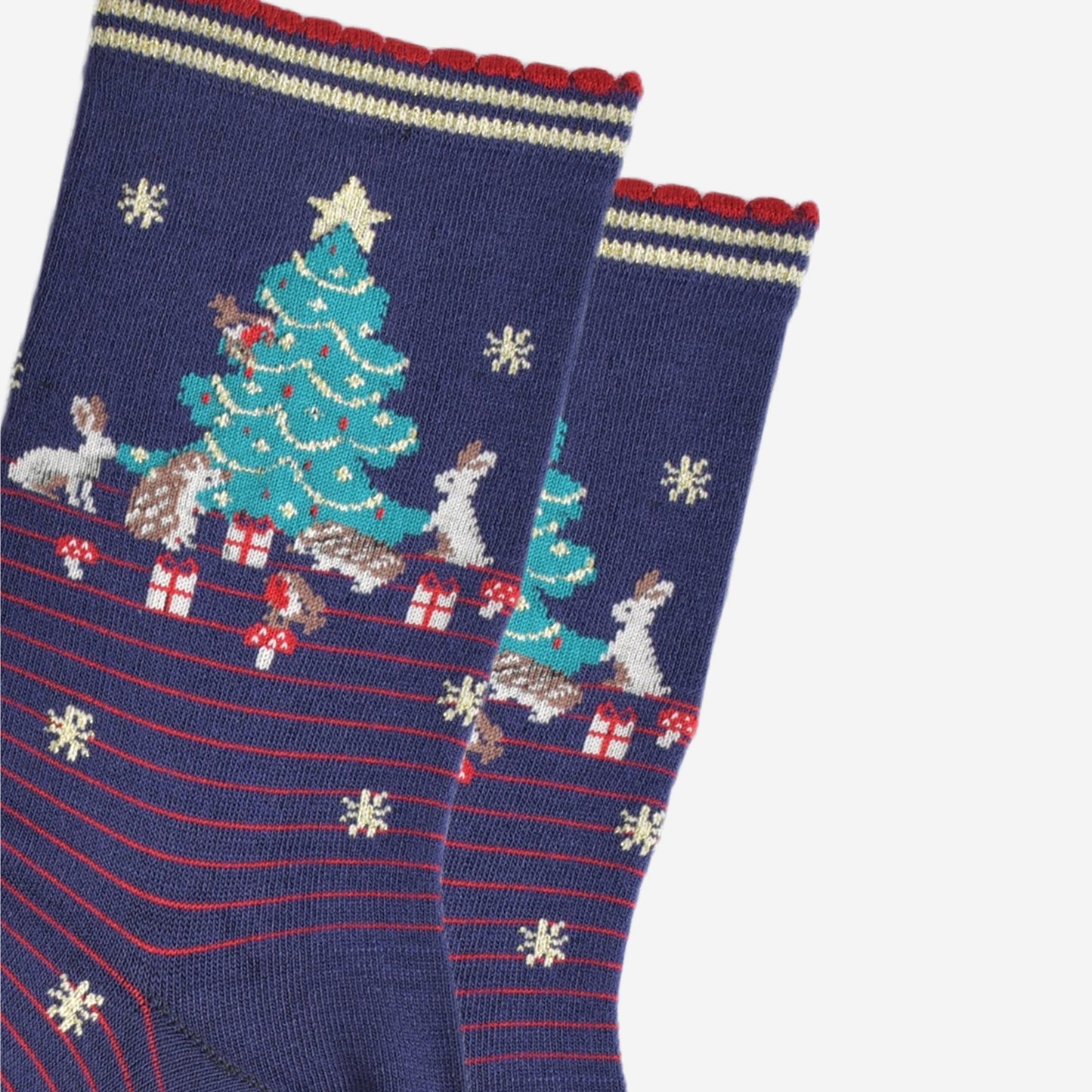 close up of the christmas tree design on the ankle of the socks, there are rabbits, hedgehogs, robins, toadstools and christmas gifts all around the tree