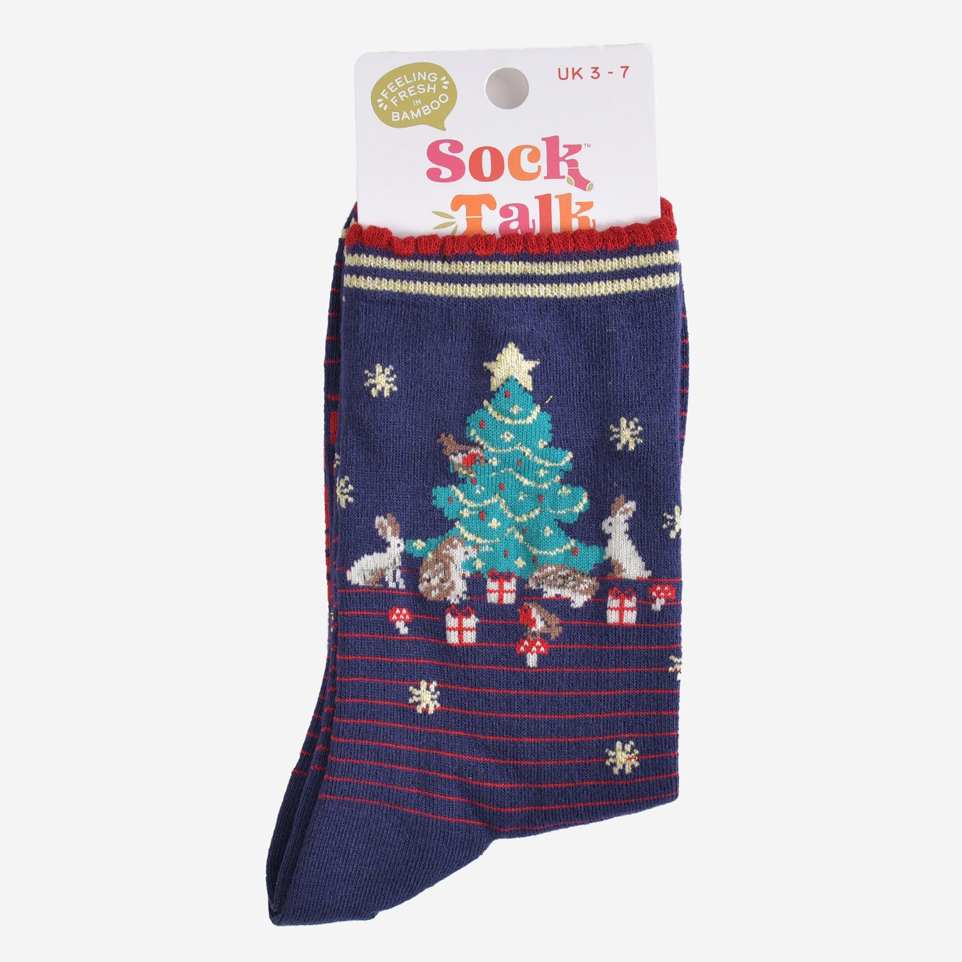 woodland animal christmas tree bamboo socks in their sock talk packaging, these socks are a uk size 3-7