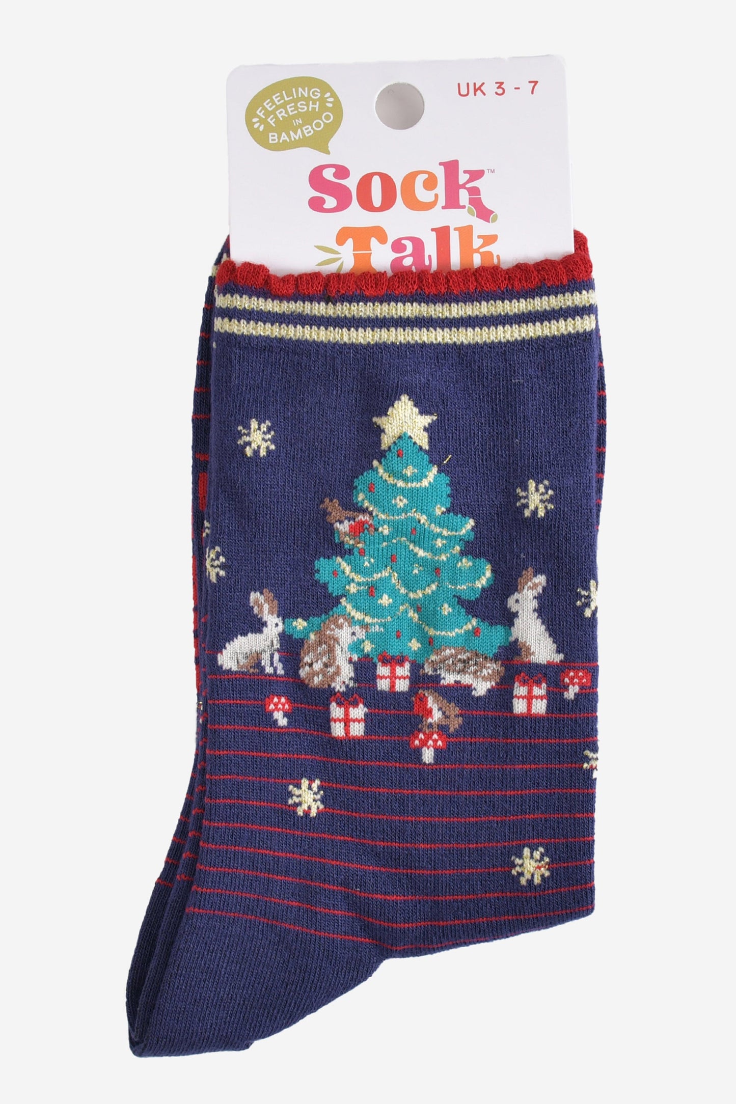 woodland animal christmas tree bamboo socks in their sock talk packaging, these socks are a uk size 3-7