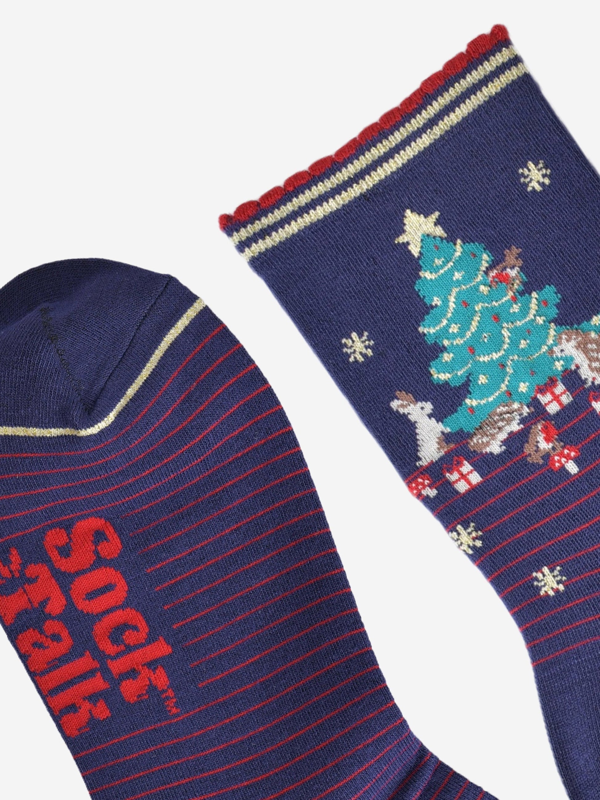 showing the toe and cuff, the toe is navy blue with a gold border stripe, the cuffs are scalloped with a red trim and gold stripes