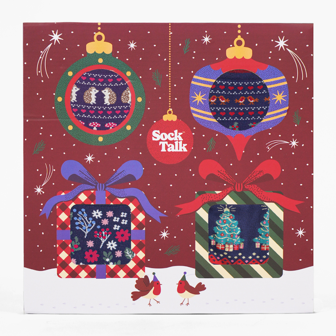 Women's Bamboo Ankle Socks Festive Gift Set - Navy Blue/Red, Woodland Animals