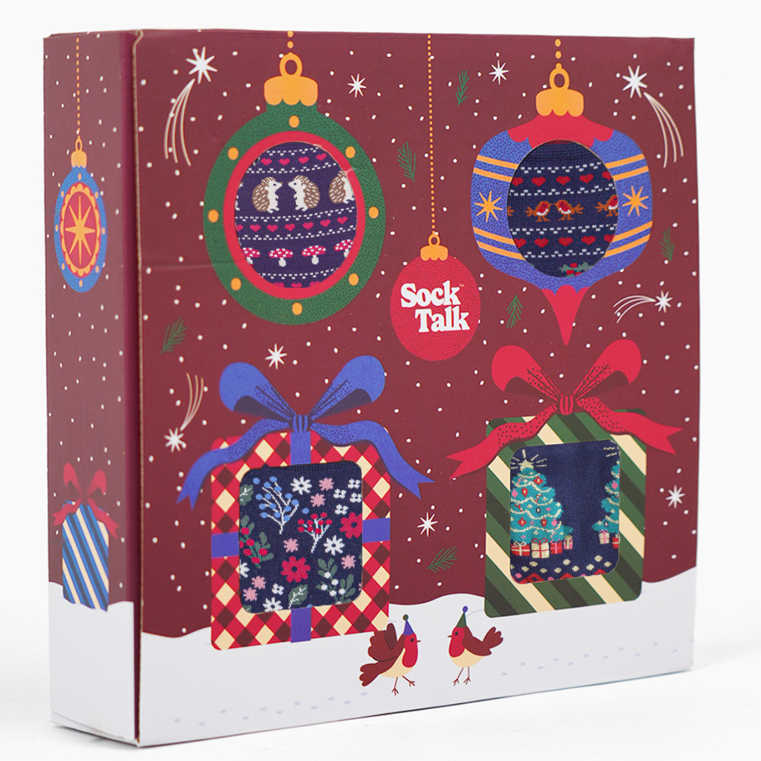 Women's Bamboo Ankle Socks Festive Gift Set - Navy Blue/Red, Woodland Animals