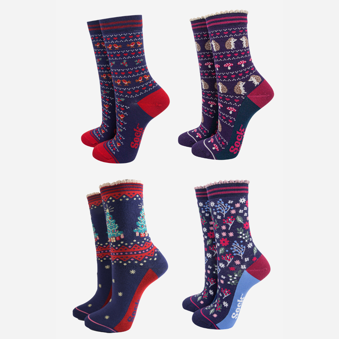 Women's Bamboo Ankle Socks Festive Gift Set - Navy Blue/Red, Woodland Animals