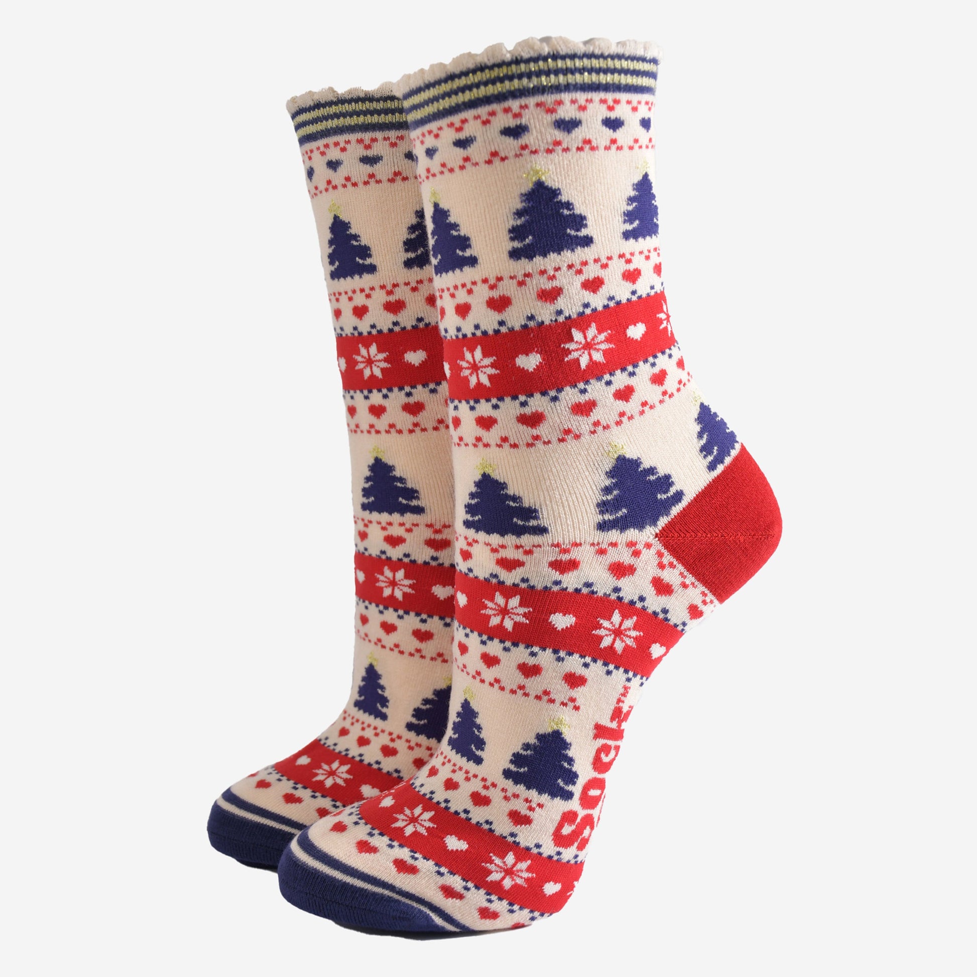 red, cream and navy blue fair isle style bamboo socks featuring xmas trees, snowflakes and love hearts