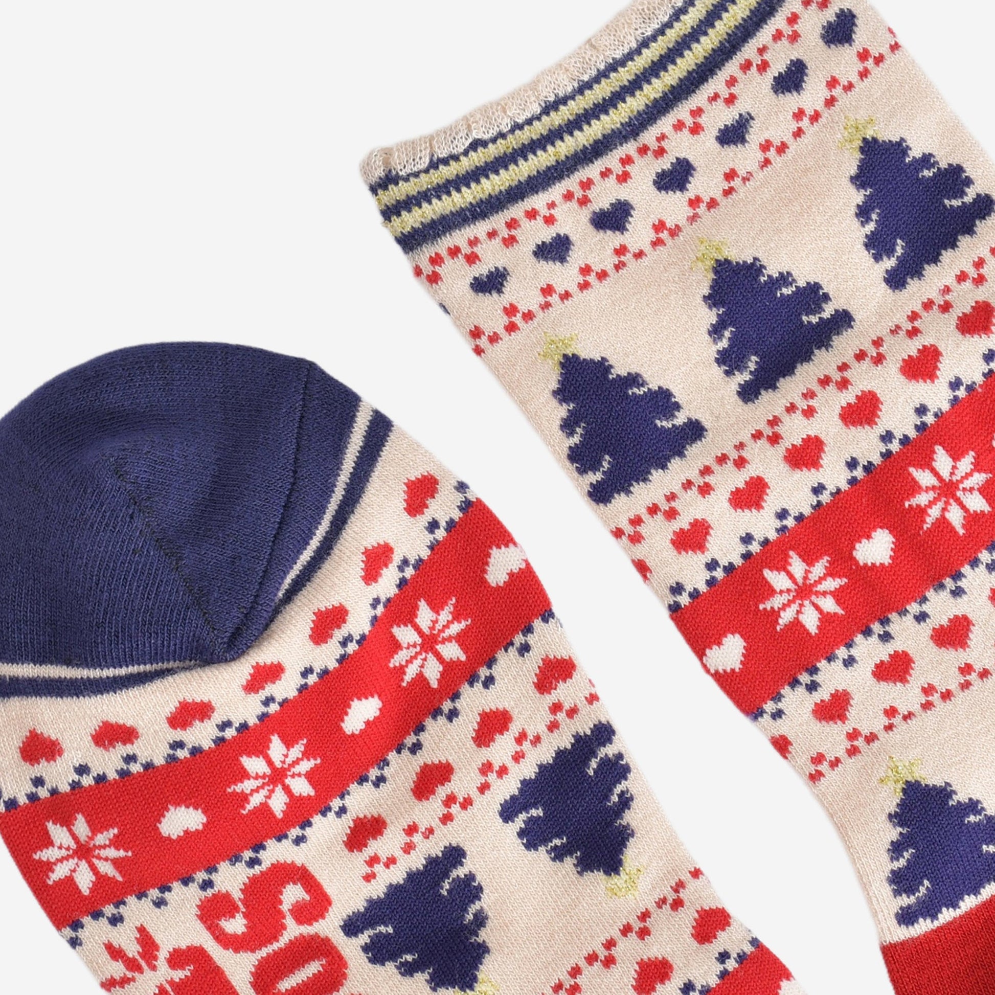 close up of the toe and cuff of the socks, the toe is navy blue and the cuff is scalloped with a cream, gold and navy stiped pattern