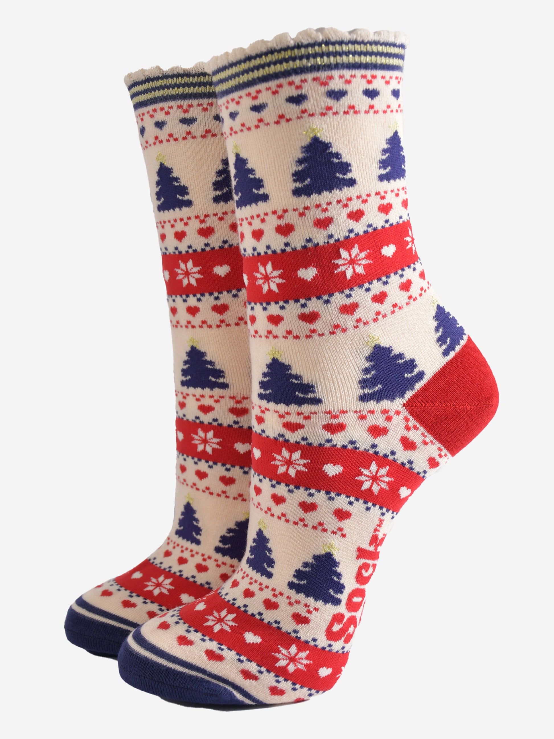 red, cream and navy blue fair isle style bamboo socks featuring xmas trees, snowflakes and love hearts