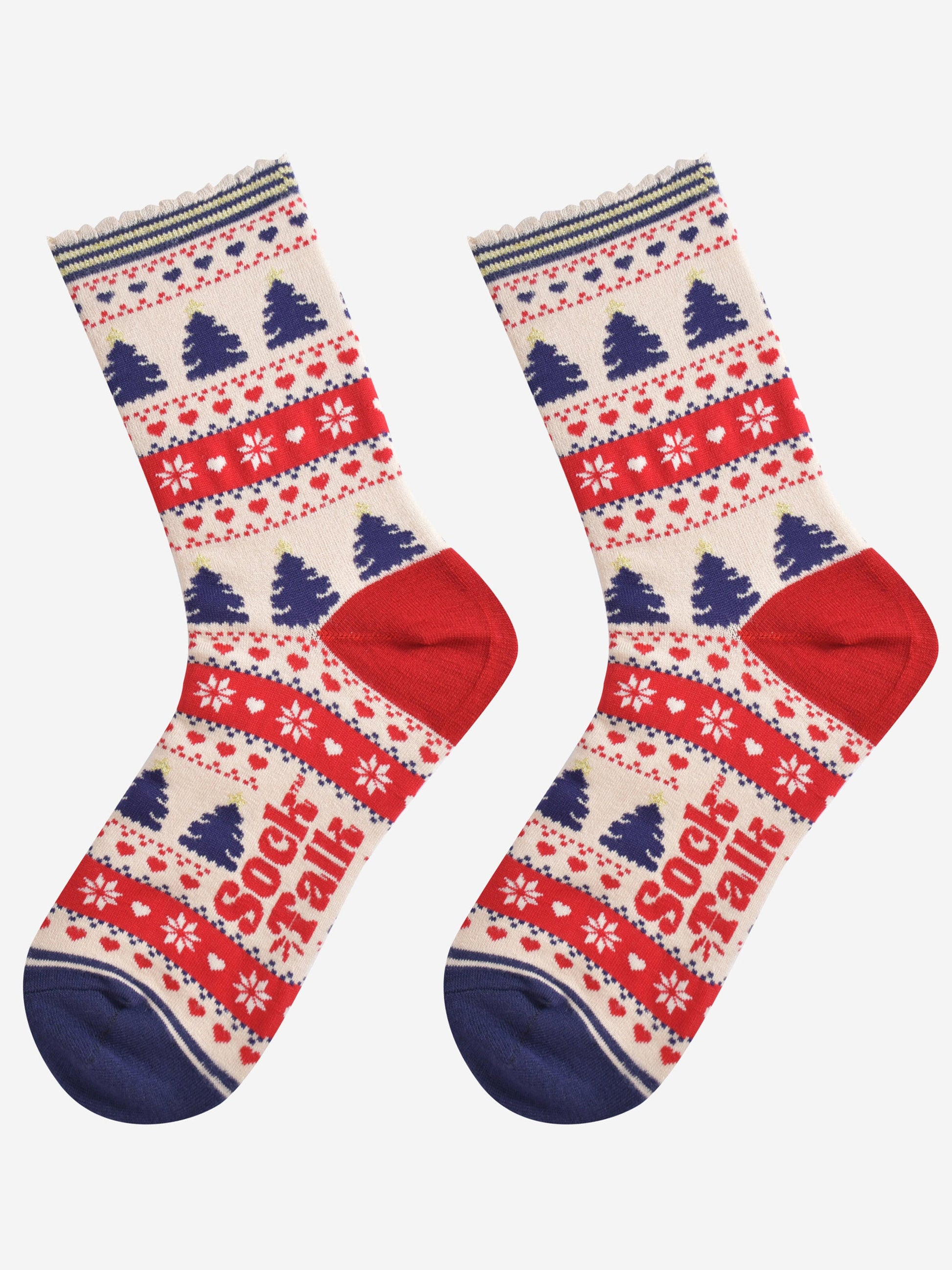 showing the fair isle christmas tree socks laying flat, showing an all over pattern featuring trees, snowflakes and hearts