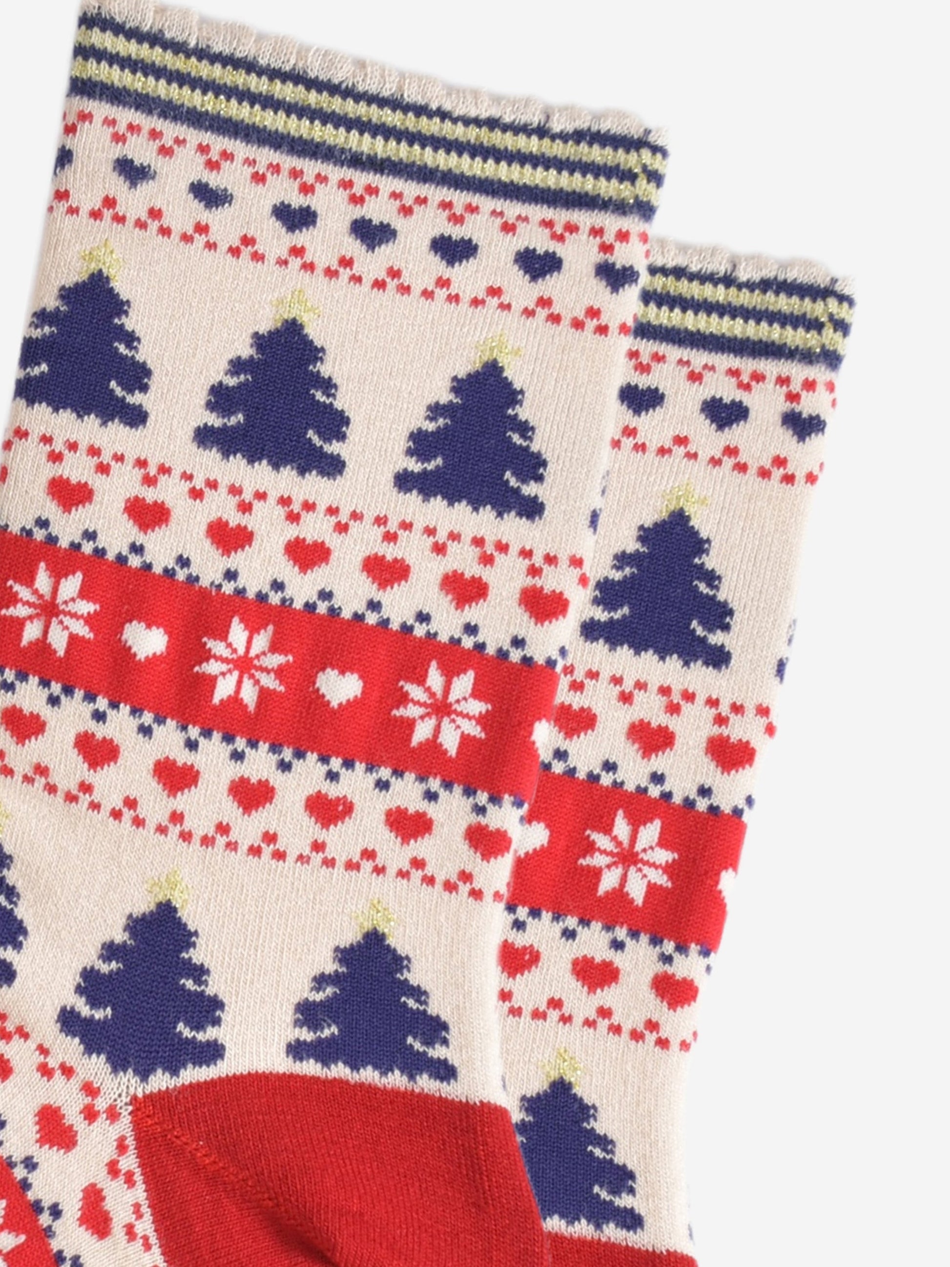 close up of the fair isle pattern on the socks, showing navy blue xmas trees, red love hearts and white snow flakes in a busy fair isle pattern