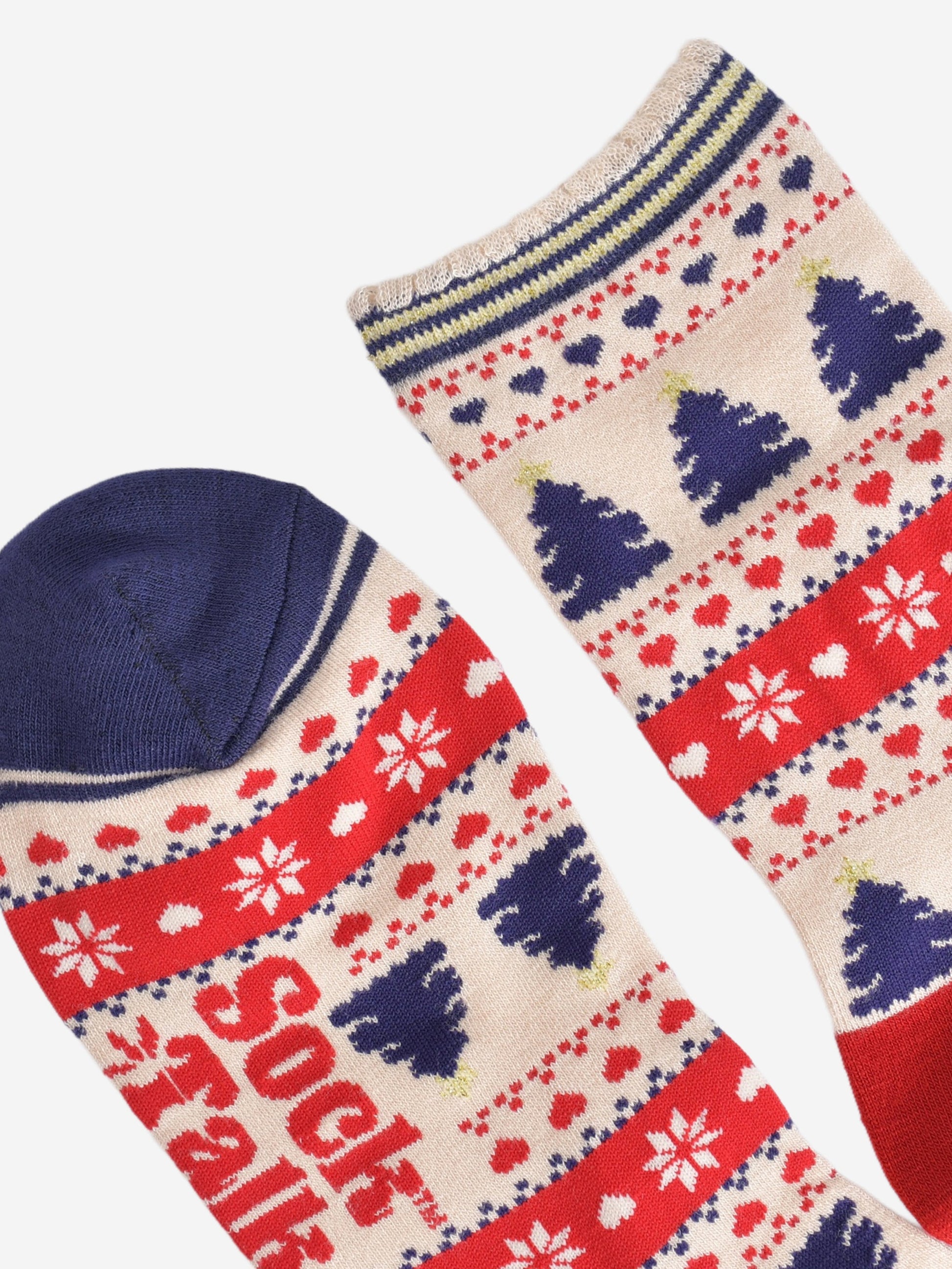 close up of the toe and cuff of the socks, the toe is navy blue and the cuff is scalloped with a cream, gold and navy stiped pattern