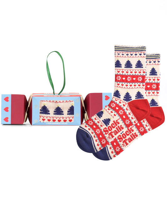 Christmas-Tree-Fair-Isle-Bamboo-Crew-Socks-Christmas-Cracker-Gift-Box-in-Cream/Red