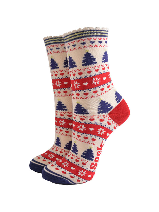 red, cream and navy blue fair isle style bamboo socks featuring xmas trees, snowflakes and love hearts