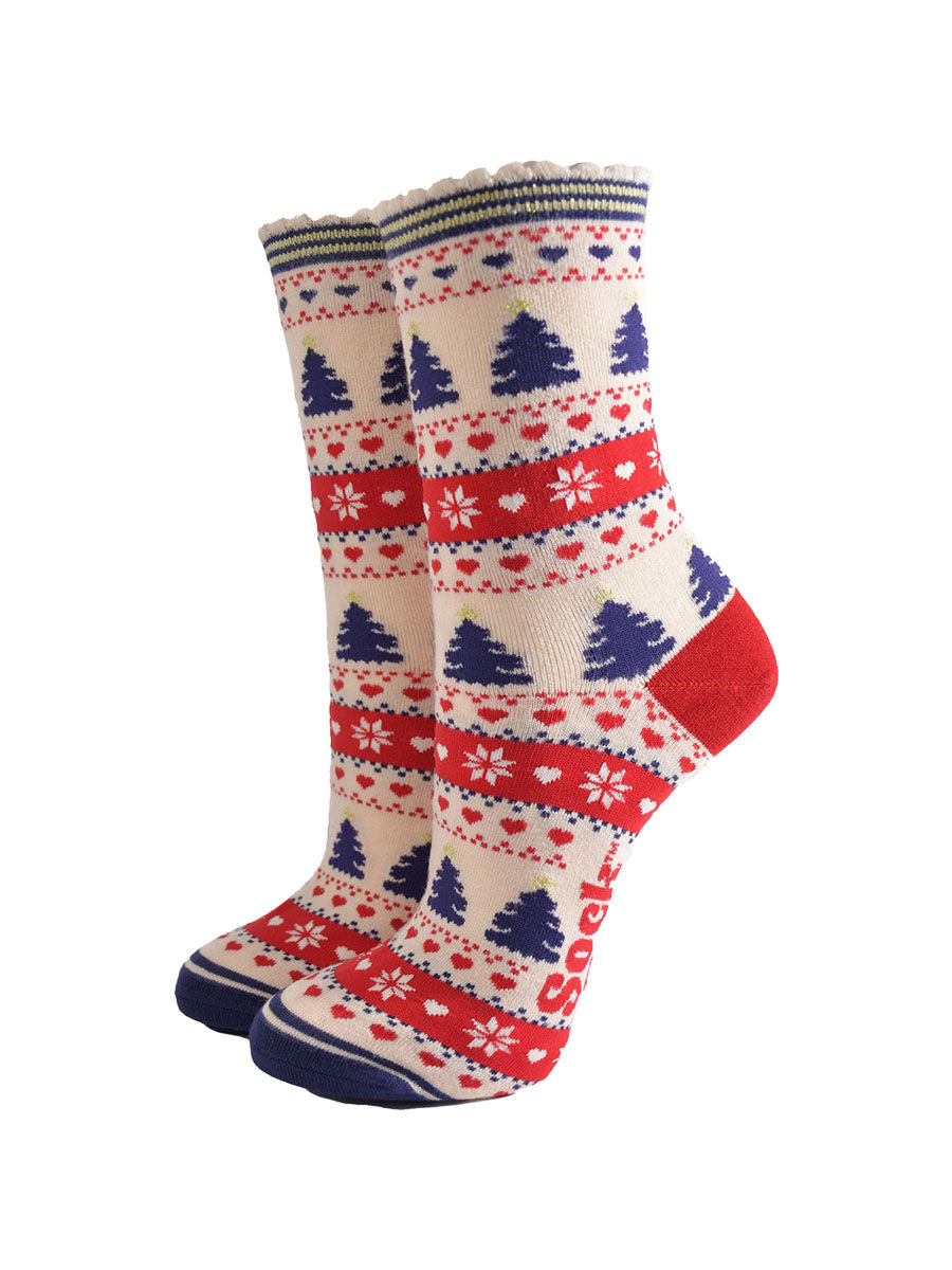 red, cream and navy blue fair isle style bamboo socks featuring xmas trees, snowflakes and love hearts