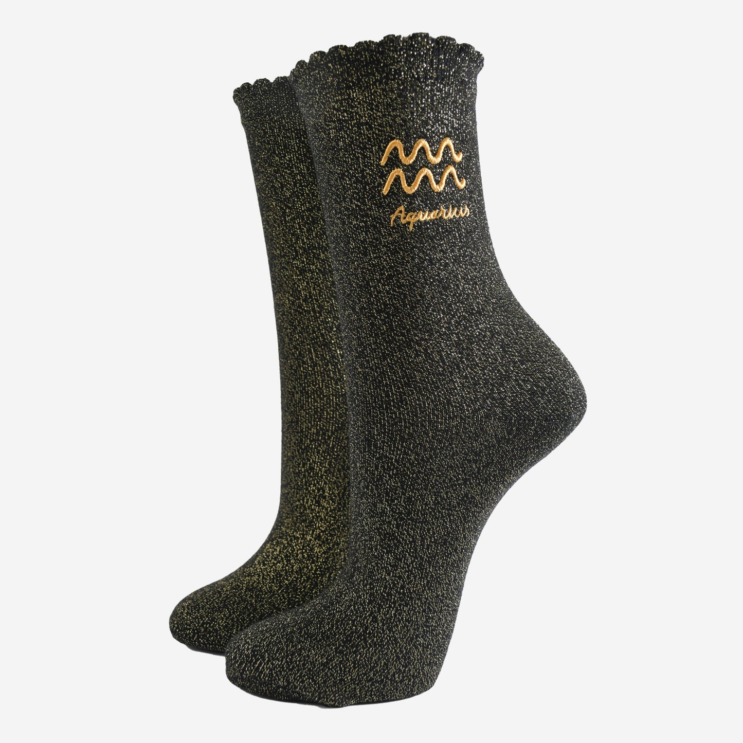 black and gold sparkly ankle socks with a scalloped cuff and an gold embroidered aquarius zodiac symbol and name