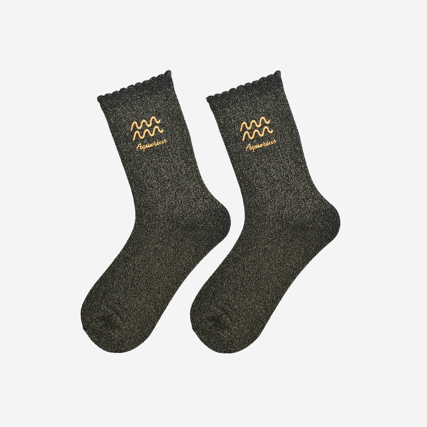 black and gold glitter embroidered aquarius socks laying flat, showing the all over gold glitter sparkle