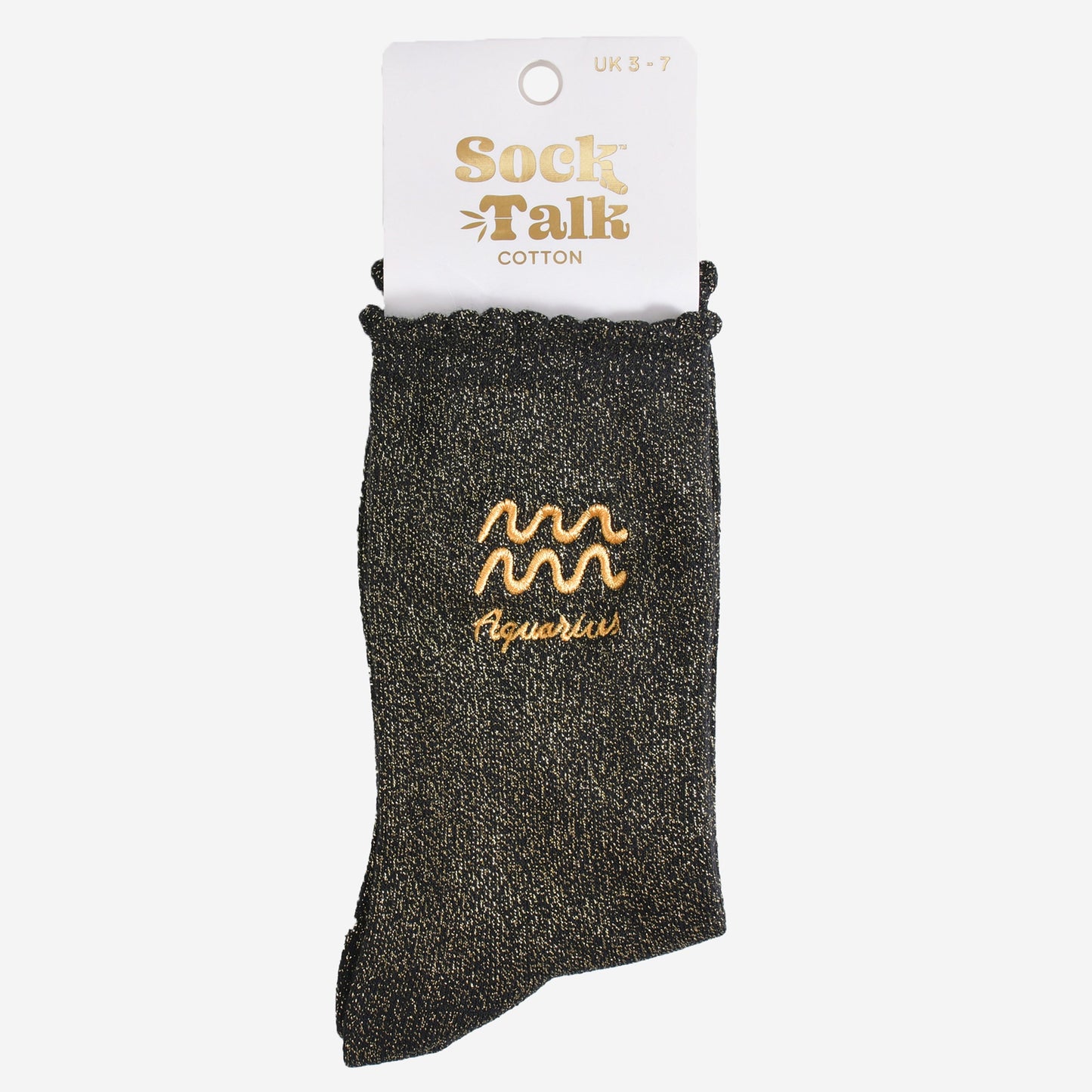 gold and black glitter aquarius socks in their sock talk packaging, these socks are a uk size 3-7