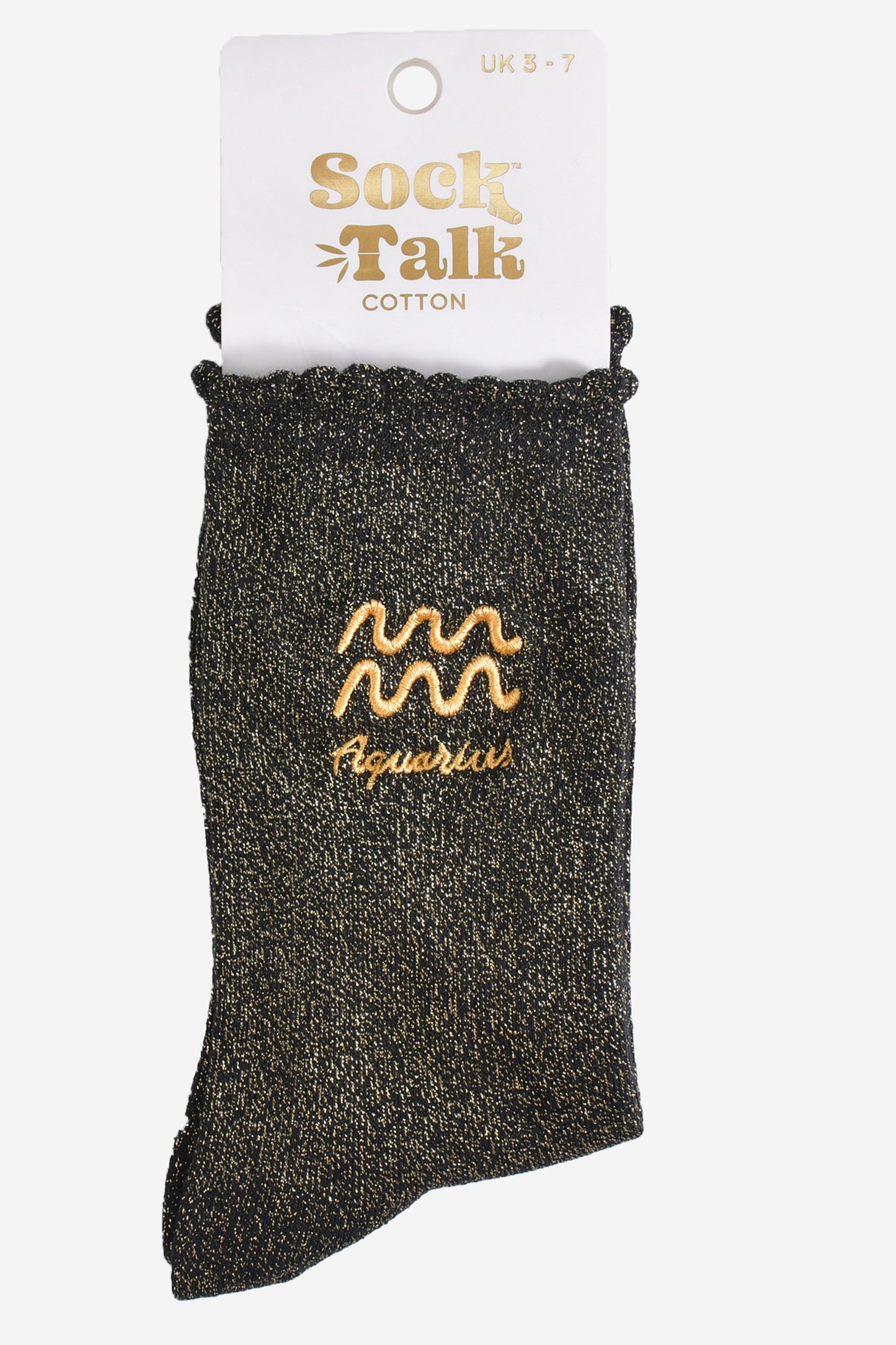 gold and black glitter aquarius socks in their sock talk packaging, these socks are a uk size 3-7