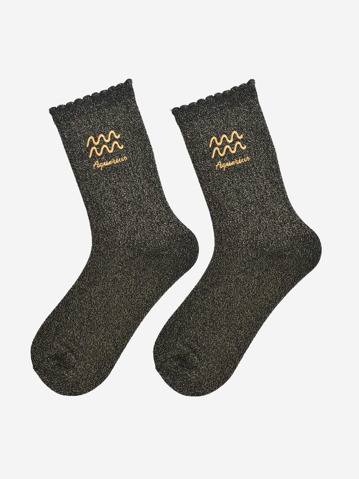 black and gold glitter embroidered aquarius socks laying flat, showing the all over gold glitter sparkle