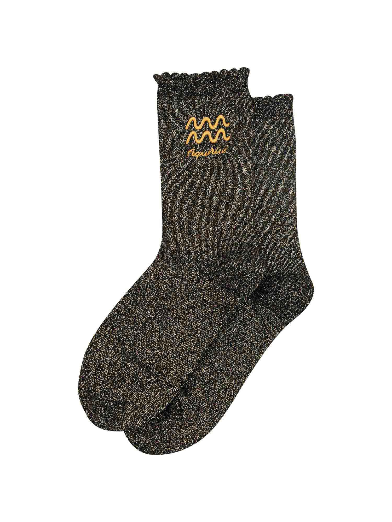 black and gold glitter embroidered aquarius socks laying flat, showing the all over gold glitter sparkle