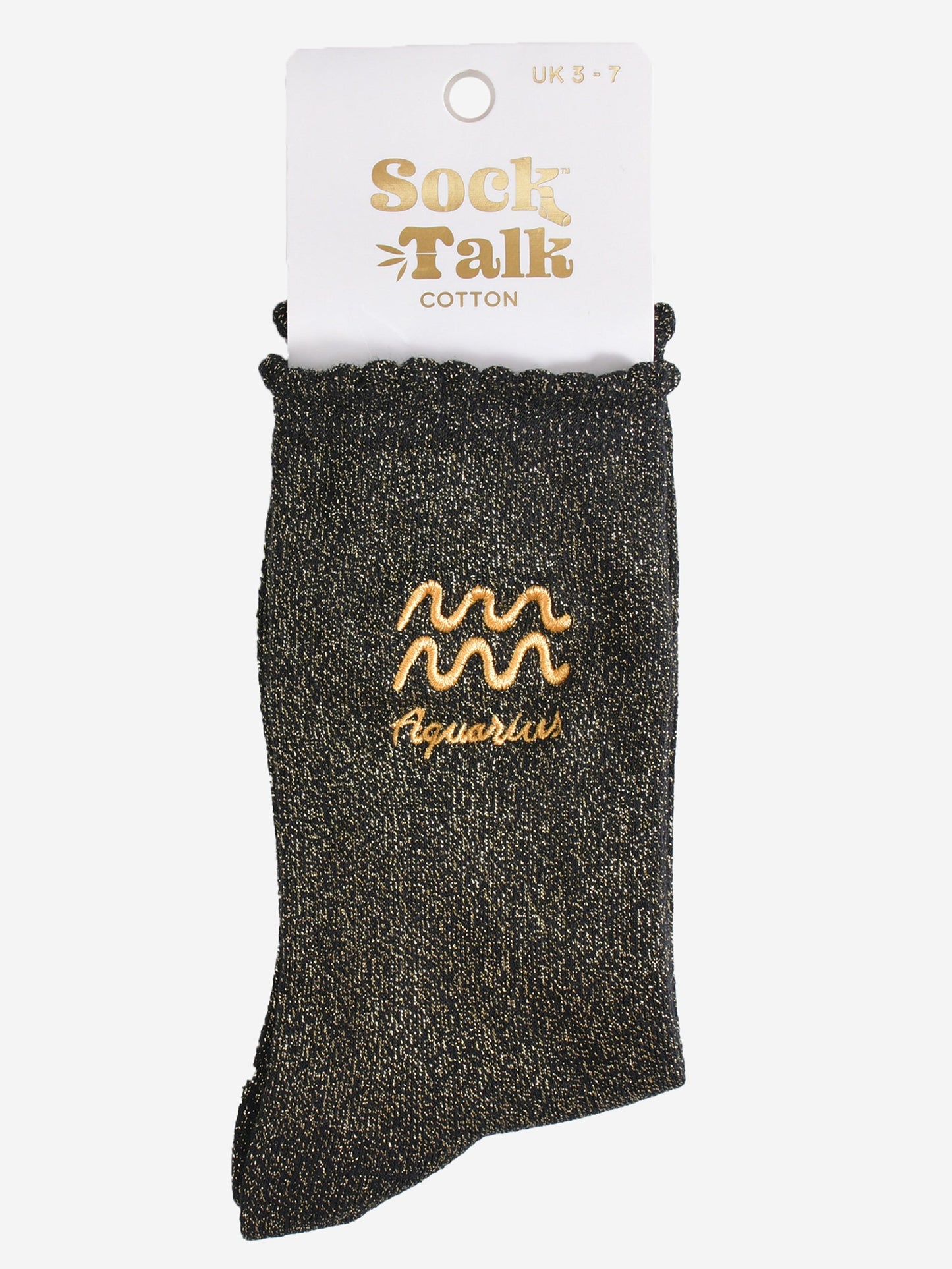 gold and black glitter aquarius socks in their sock talk packaging, these socks are a uk size 3-7