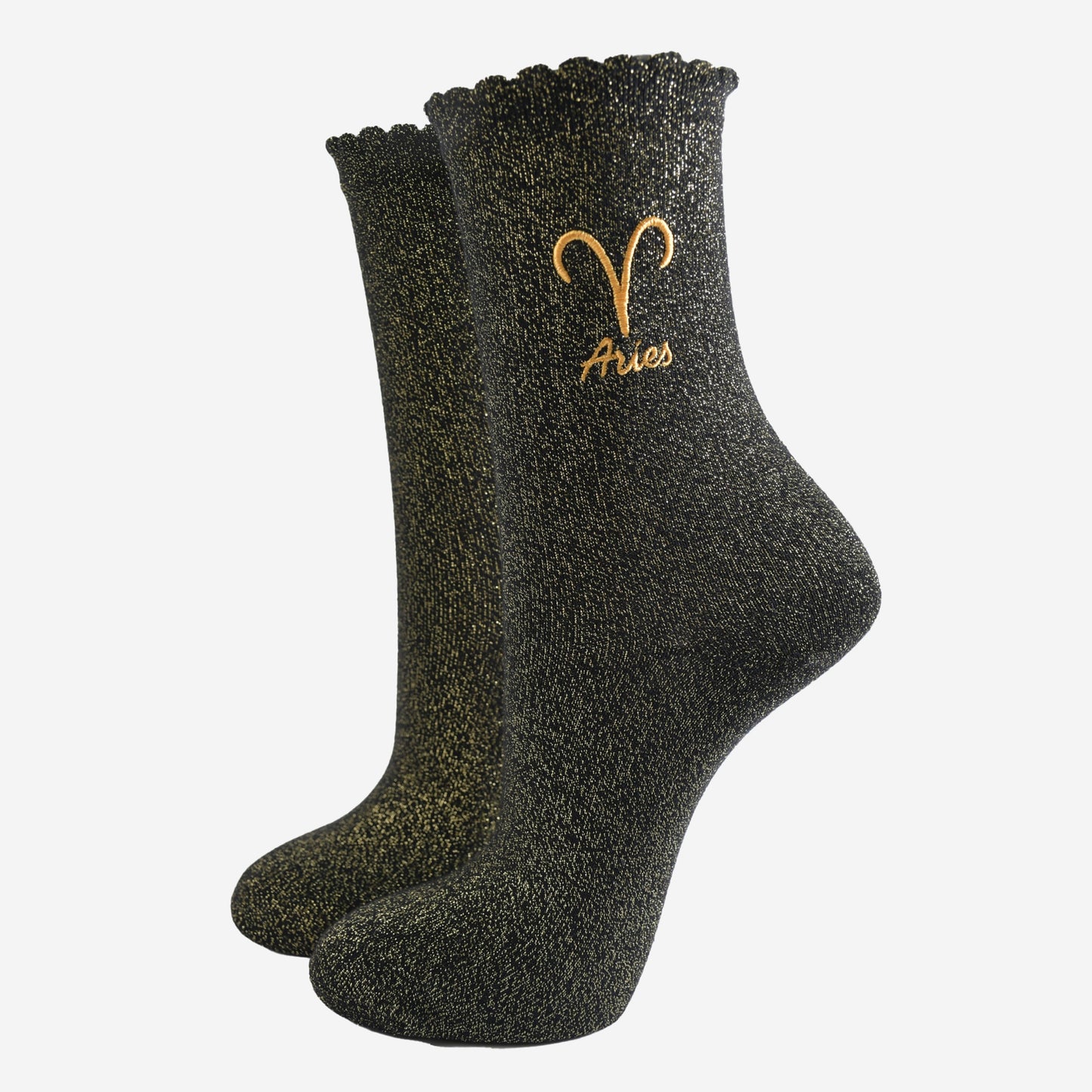 black and gold sparkly ankle socks with a scalloped cuff and an gold embroidered aries zodiac symbol and name