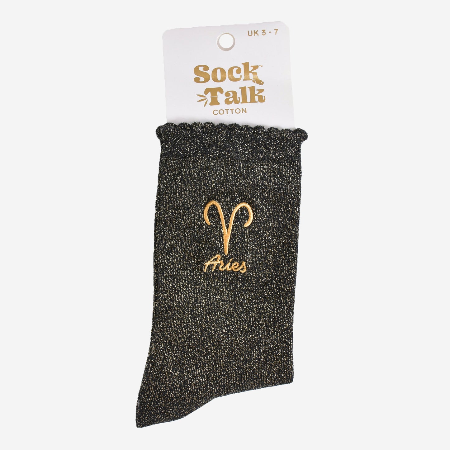 gold and black glitter aries socks in their sock talk packaging, these socks are a uk size 3-7