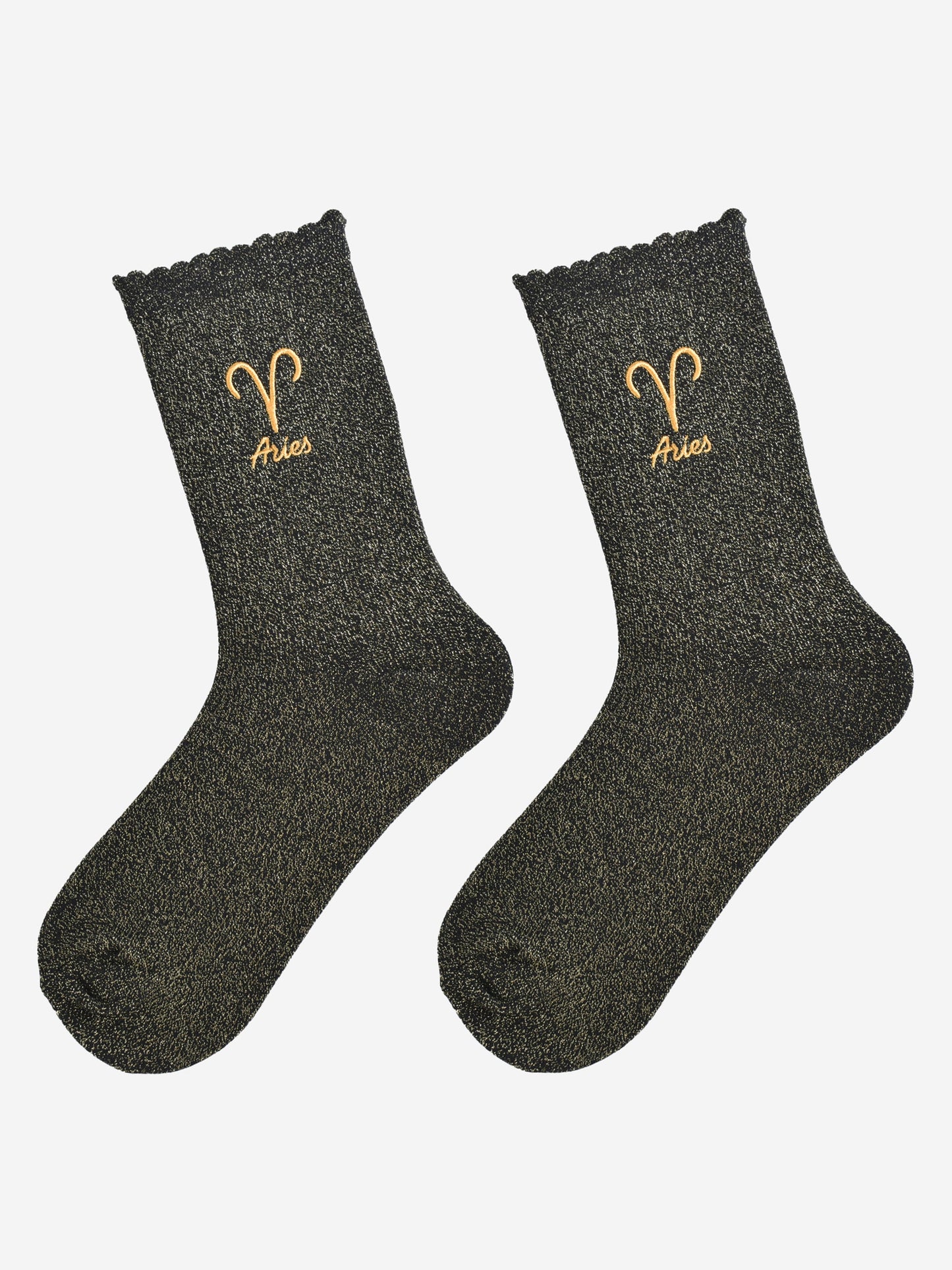 black and gold glitter embroidered aries socks laying flat, showing the all over gold glitter sparkle