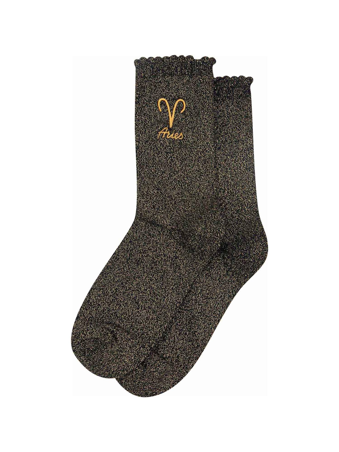 black and gold glitter embroidered aries socks laying flat, showing the all over gold glitter sparkle