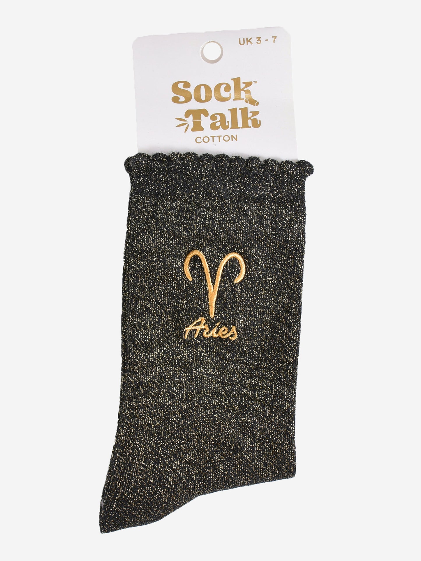 gold and black glitter aries socks in their sock talk packaging, these socks are a uk size 3-7