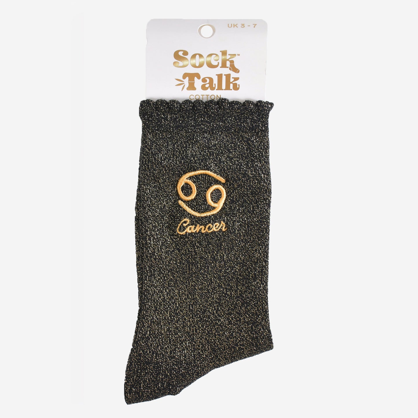 gold and black glitter cancer socks in their sock talk packaging, these socks are a uk size 3-7