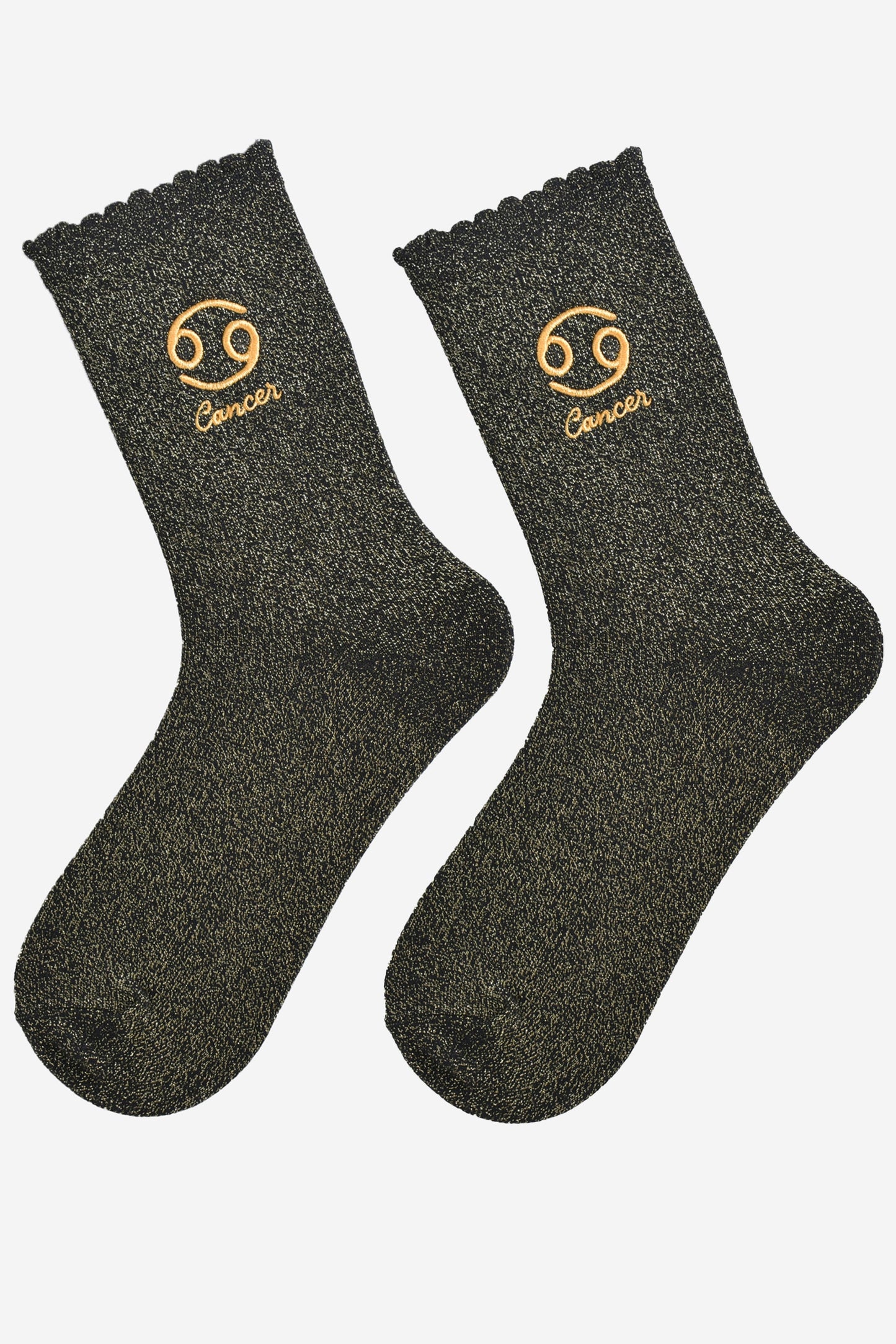 black and gold glitter embroidered cancer socks laying flat, showing the all over gold glitter sparkle