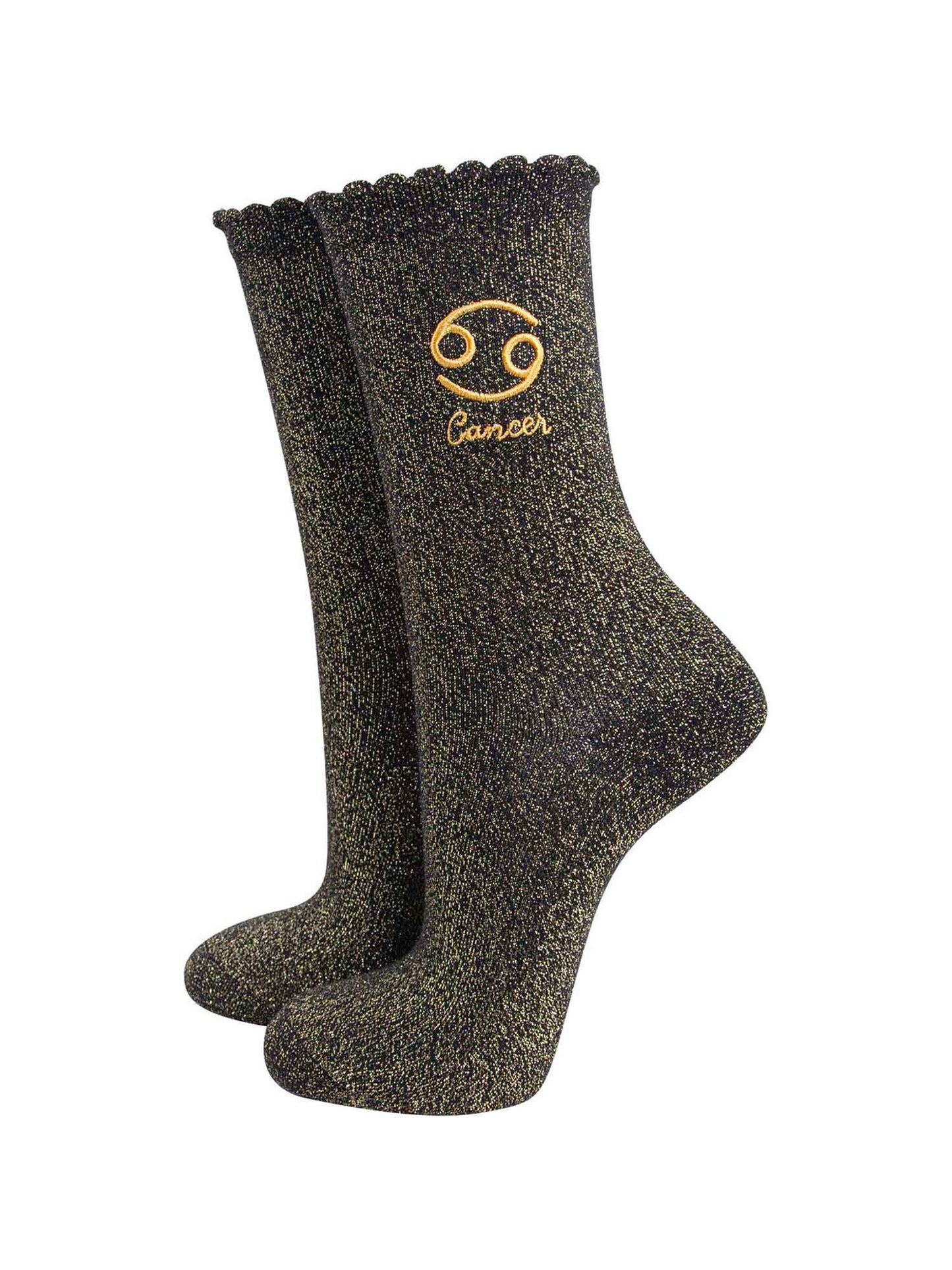 black and gold sparkly ankle socks with a scalloped cuff and an gold embroidered cancer zodiac symbol and name