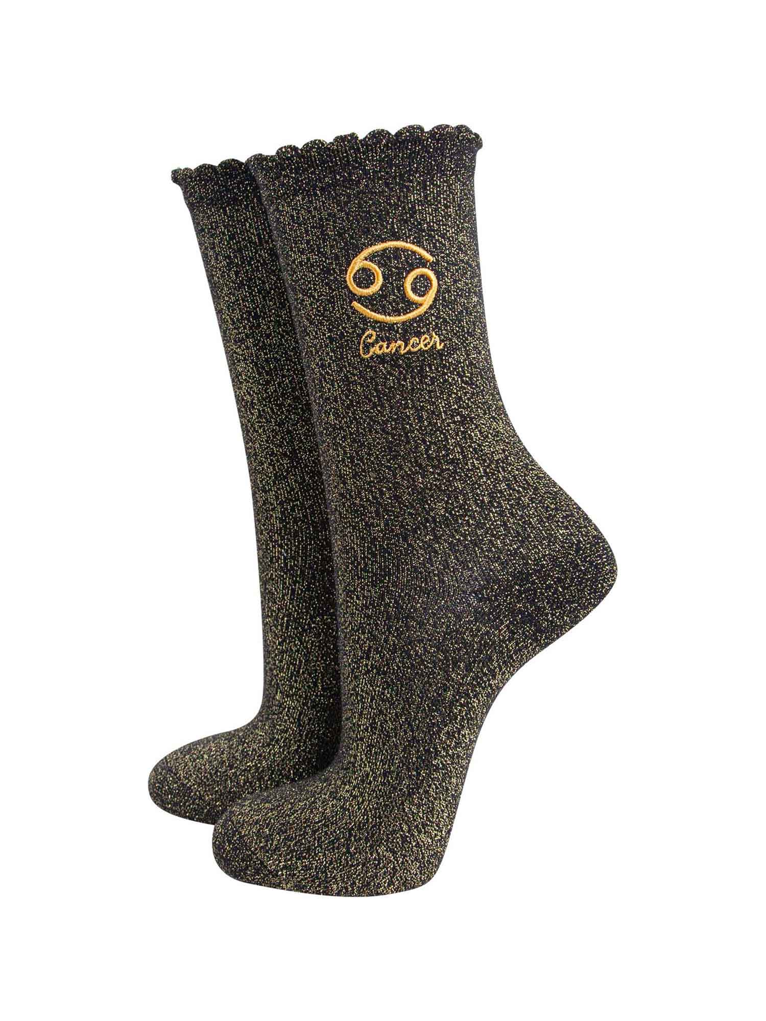 black and gold sparkly ankle socks with a scalloped cuff and an gold embroidered cancer zodiac symbol and name