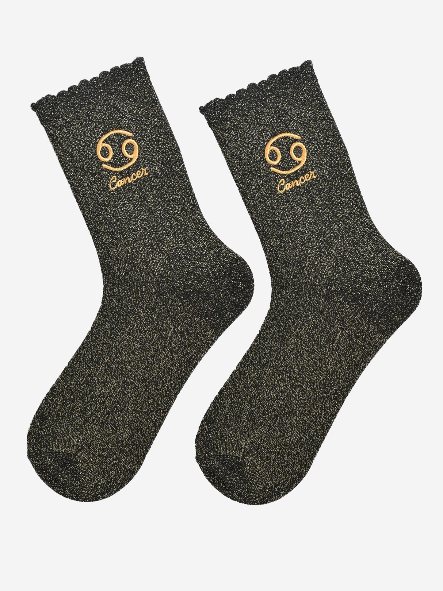 black and gold glitter embroidered cancer socks laying flat, showing the all over gold glitter sparkle