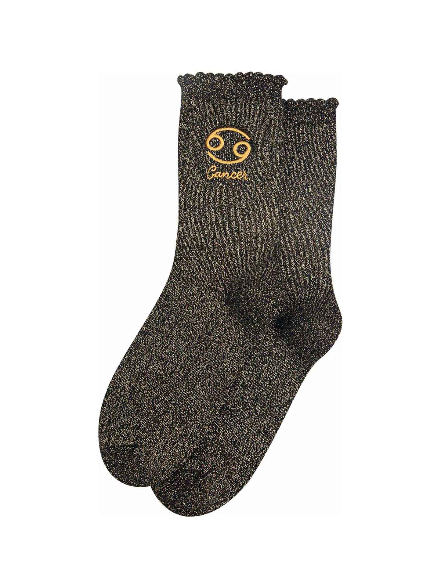 black and gold glitter embroidered cancer socks laying flat, showing the all over gold glitter sparkle