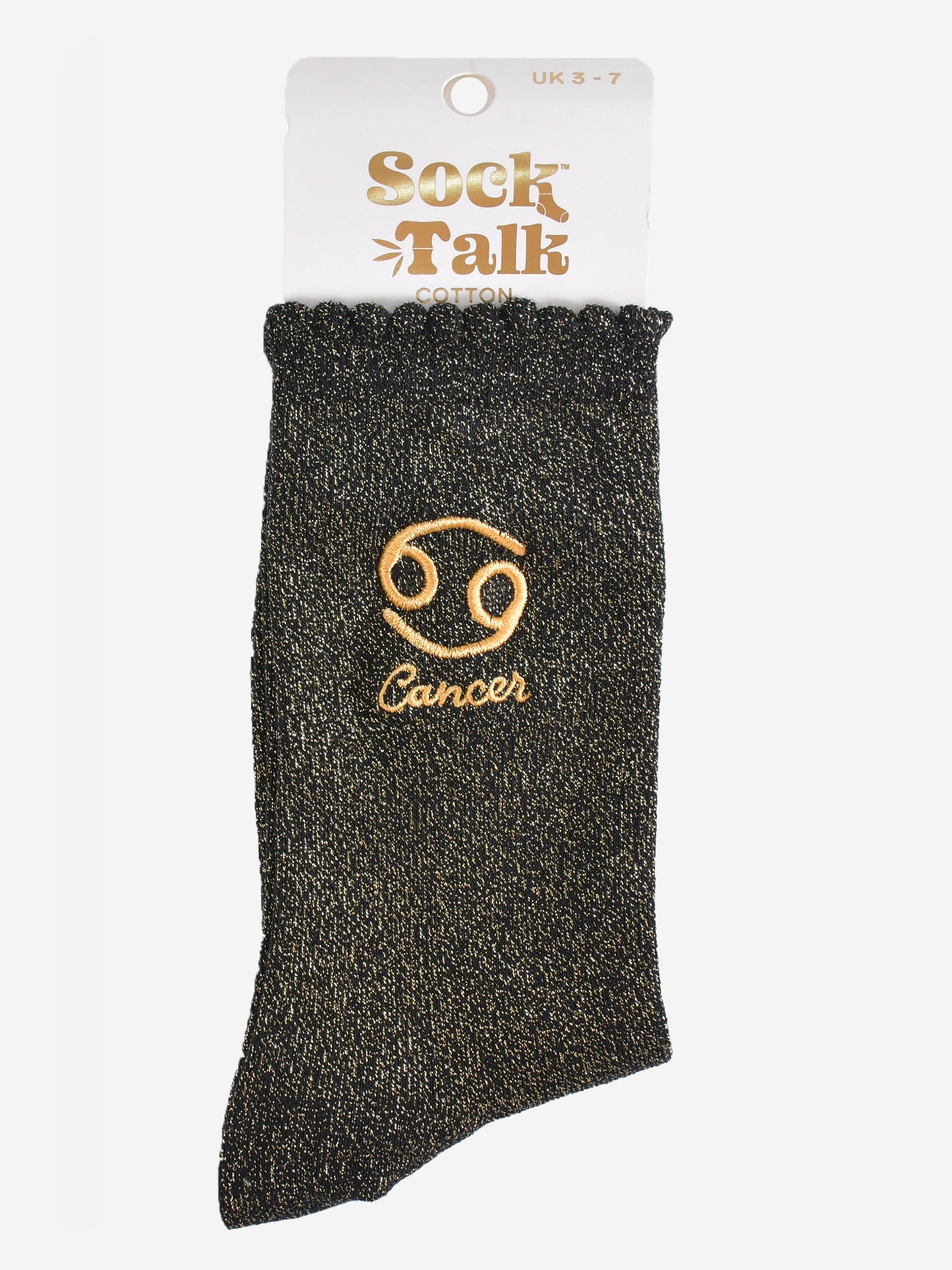 gold and black glitter cancer socks in their sock talk packaging, these socks are a uk size 3-7