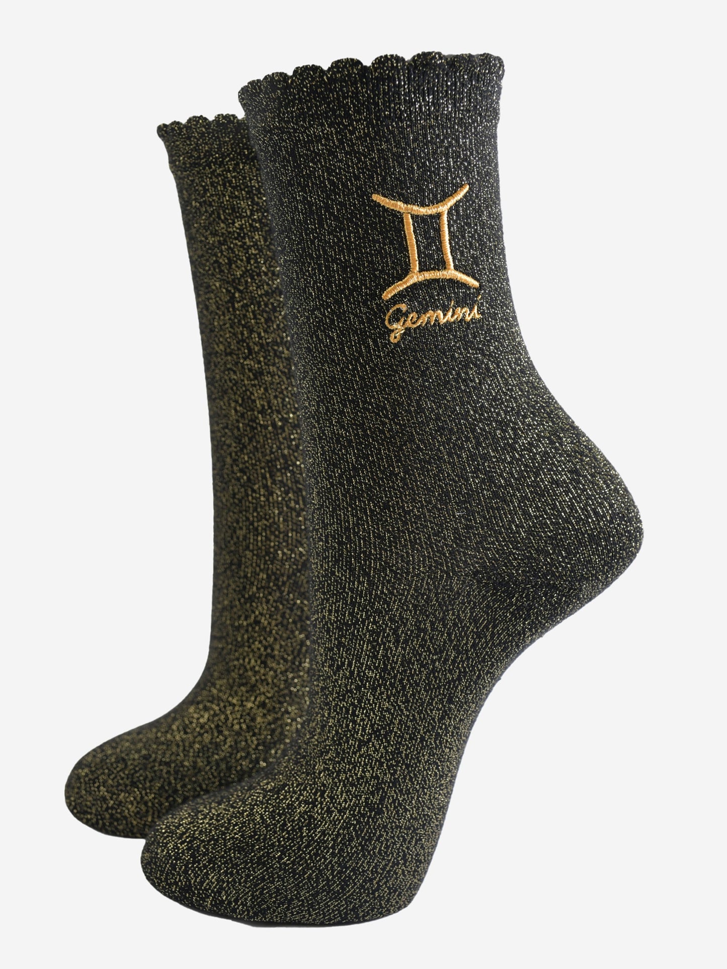 black and gold sparkly ankle socks with a scalloped cuff and an gold embroidered gemini zodiac symbol and name