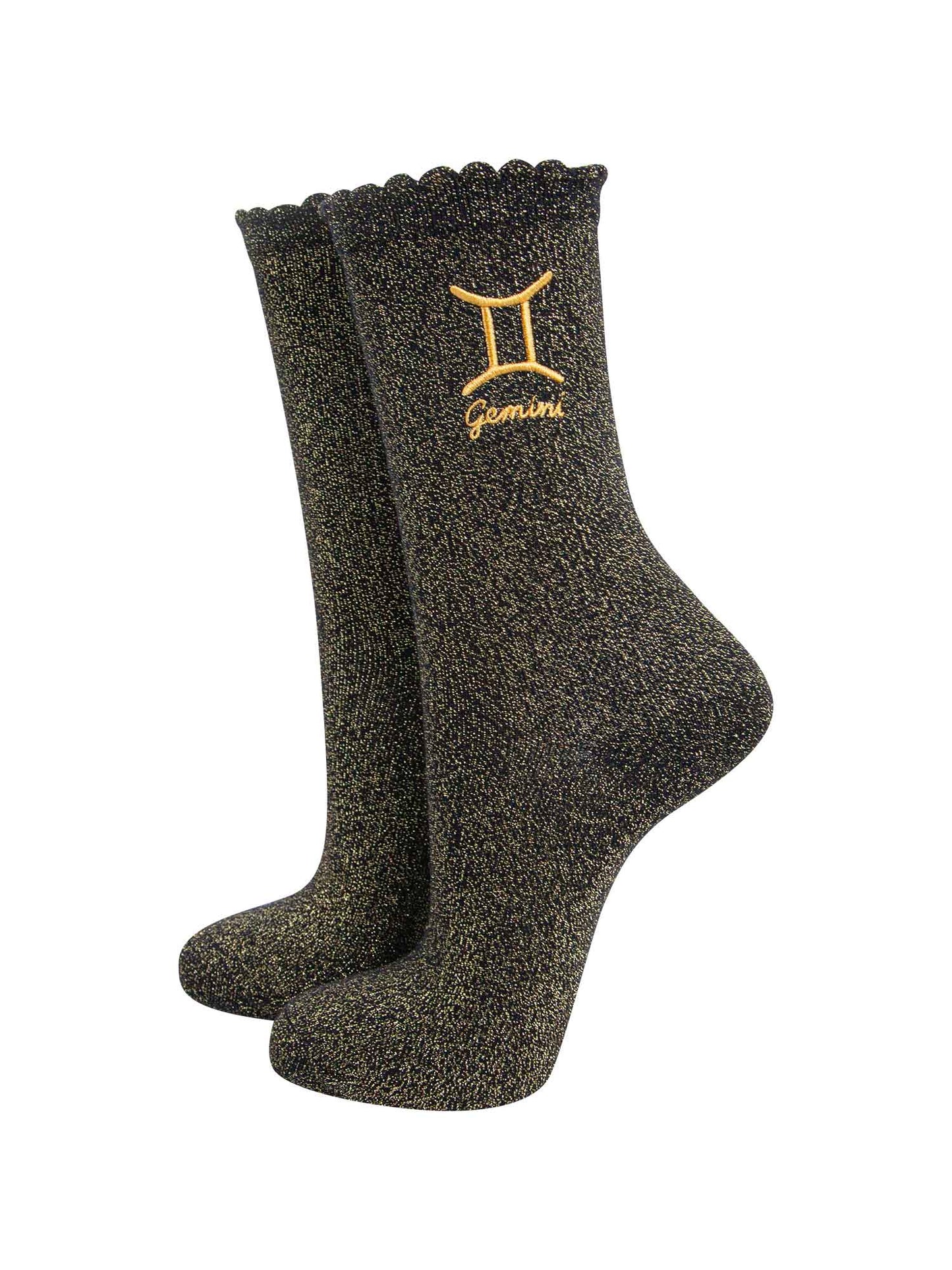 black and gold sparkly ankle socks with a scalloped cuff and an gold embroidered gemini zodiac symbol and name