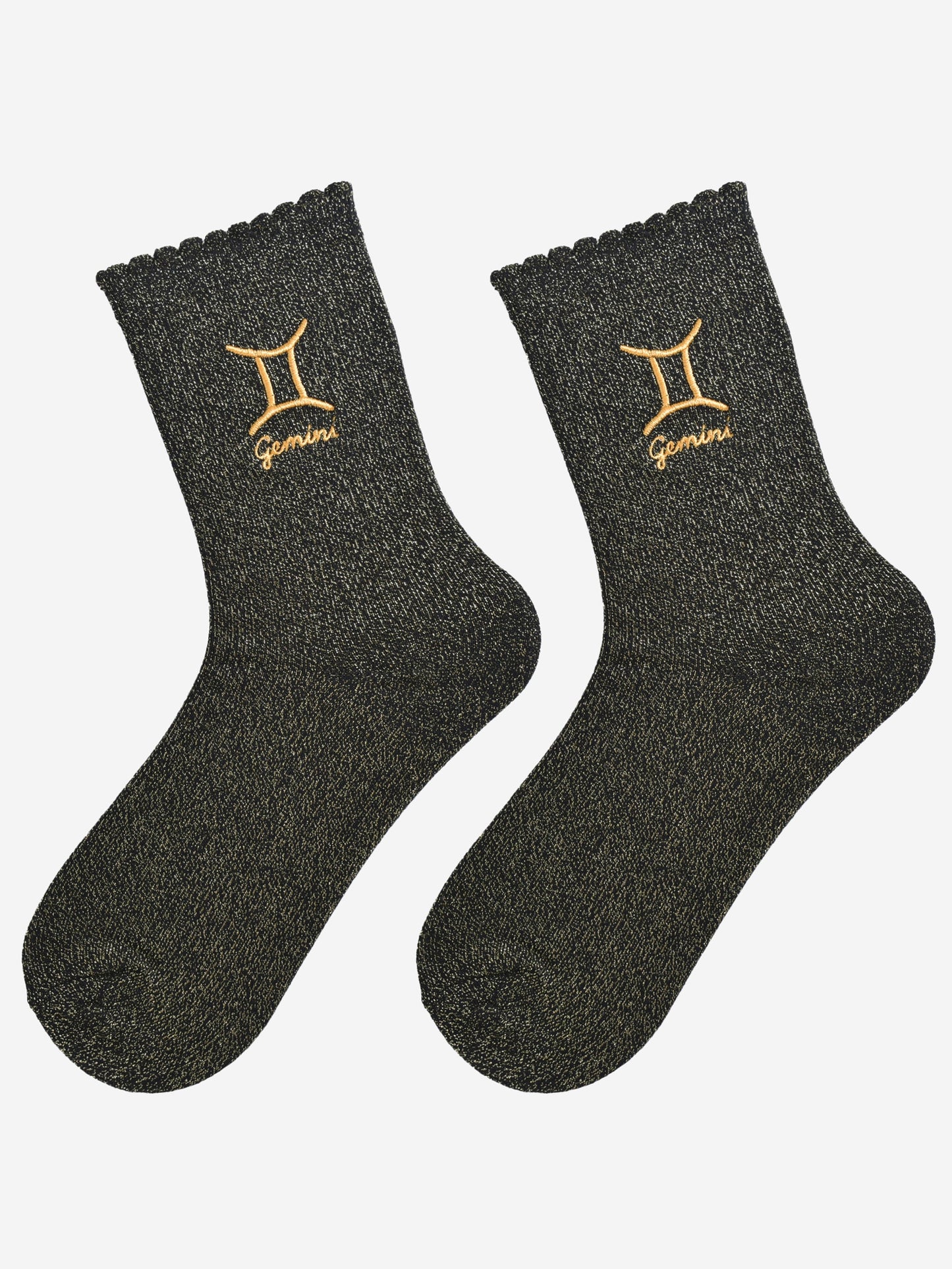 black and gold glitter embroidered gemini socks laying flat, showing the all over gold glitter sparkle