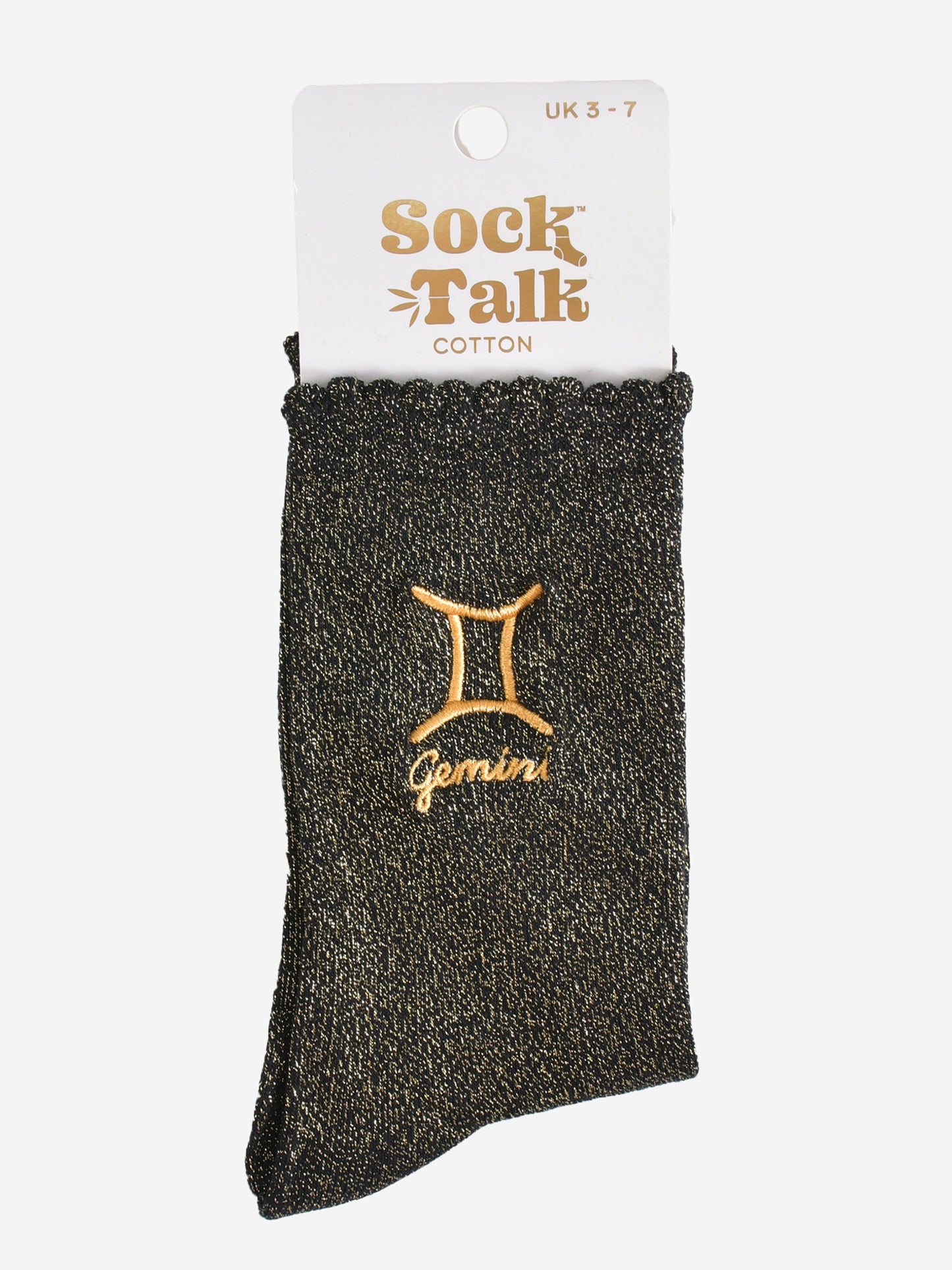 gold and black glitter gemini socks in their sock talk packaging, these socks are a uk size 3-7