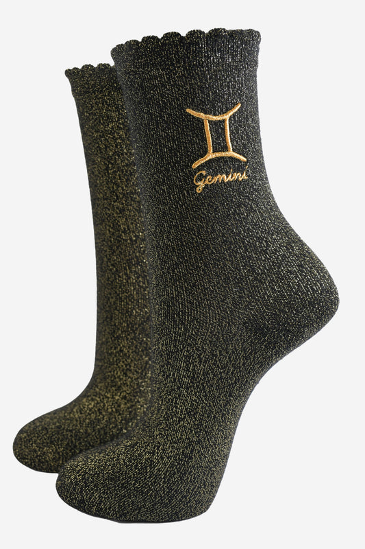 black and gold sparkly ankle socks with a scalloped cuff and an gold embroidered gemini zodiac symbol and name