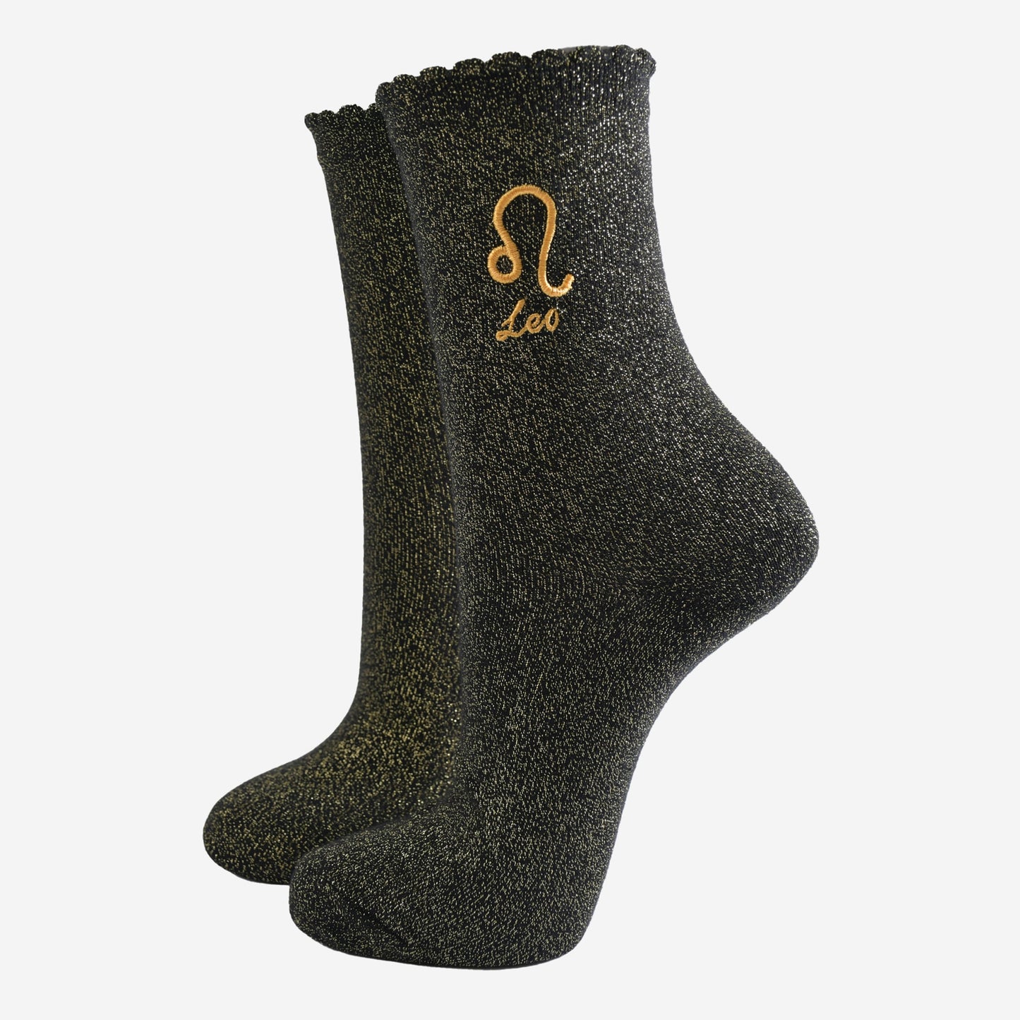 black and gold sparkly ankle socks with a scalloped cuff and an gold embroidered leo zodiac symbol and name