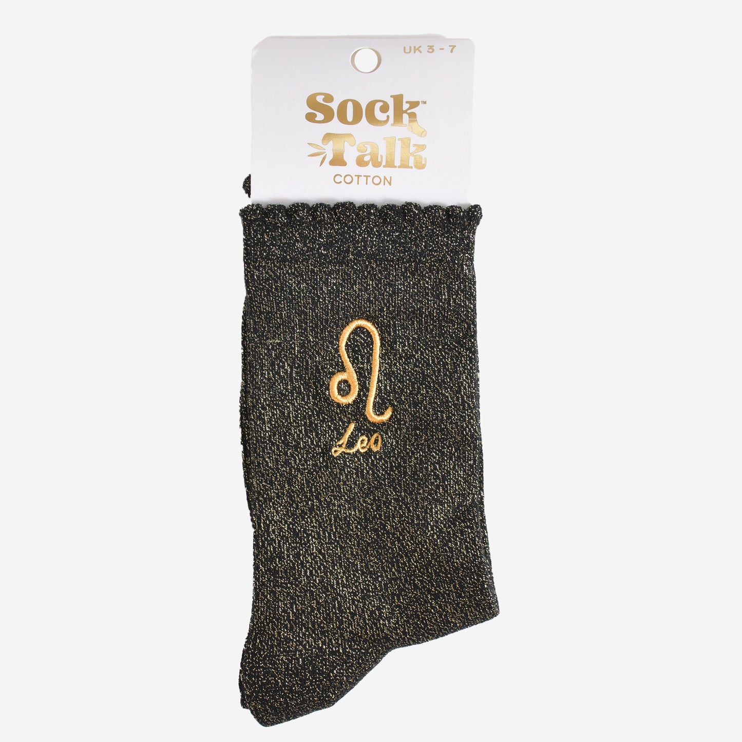 gold and black glitter leo socks in their sock talk packaging, these socks are a uk size 3-7