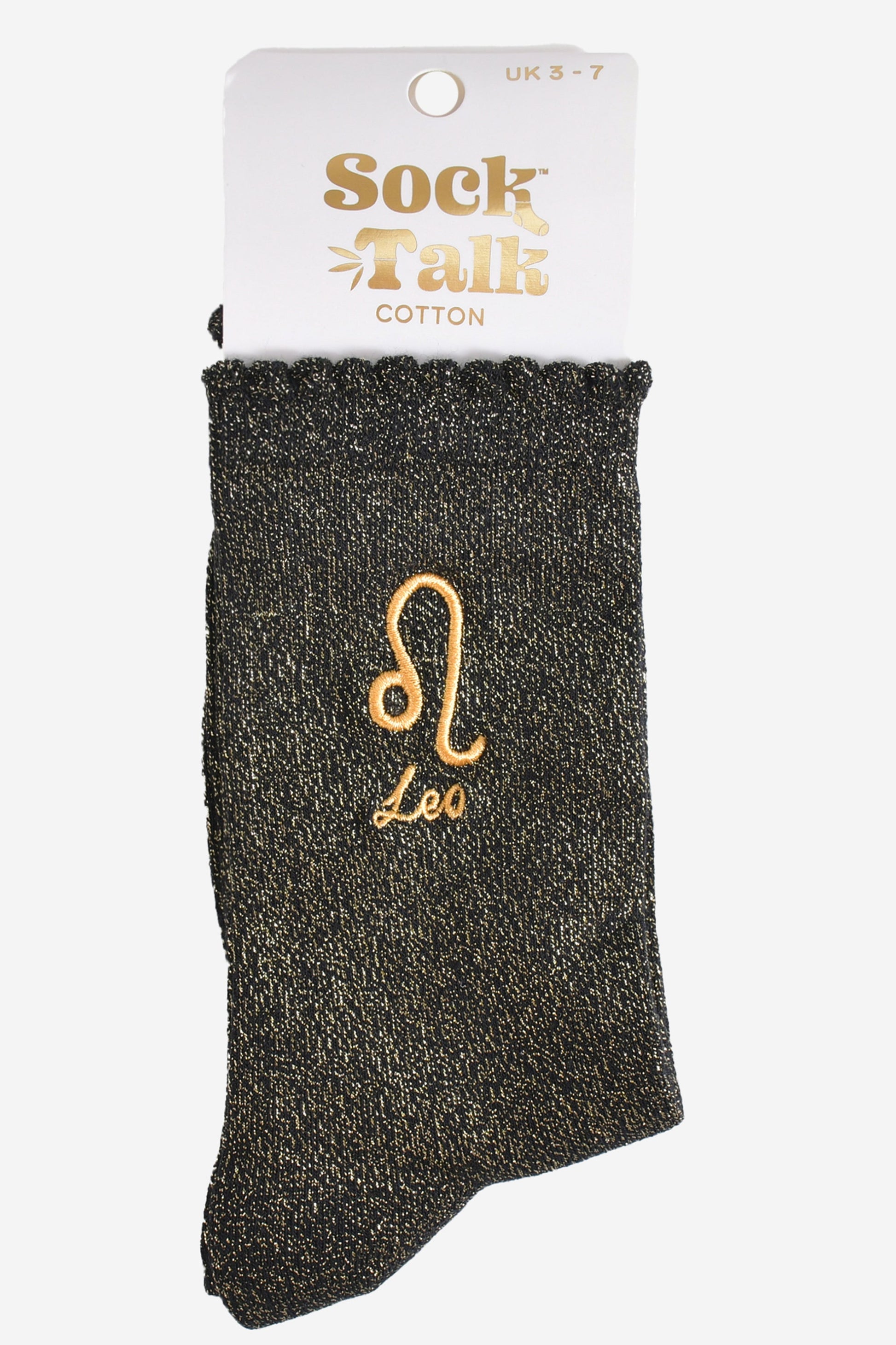 gold and black glitter leo socks in their sock talk packaging, these socks are a uk size 3-7