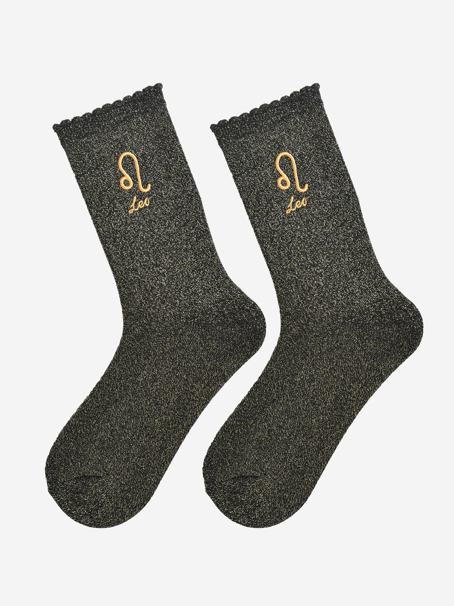 black and gold glitter embroidered leo socks laying flat, showing the all over gold glitter sparkle