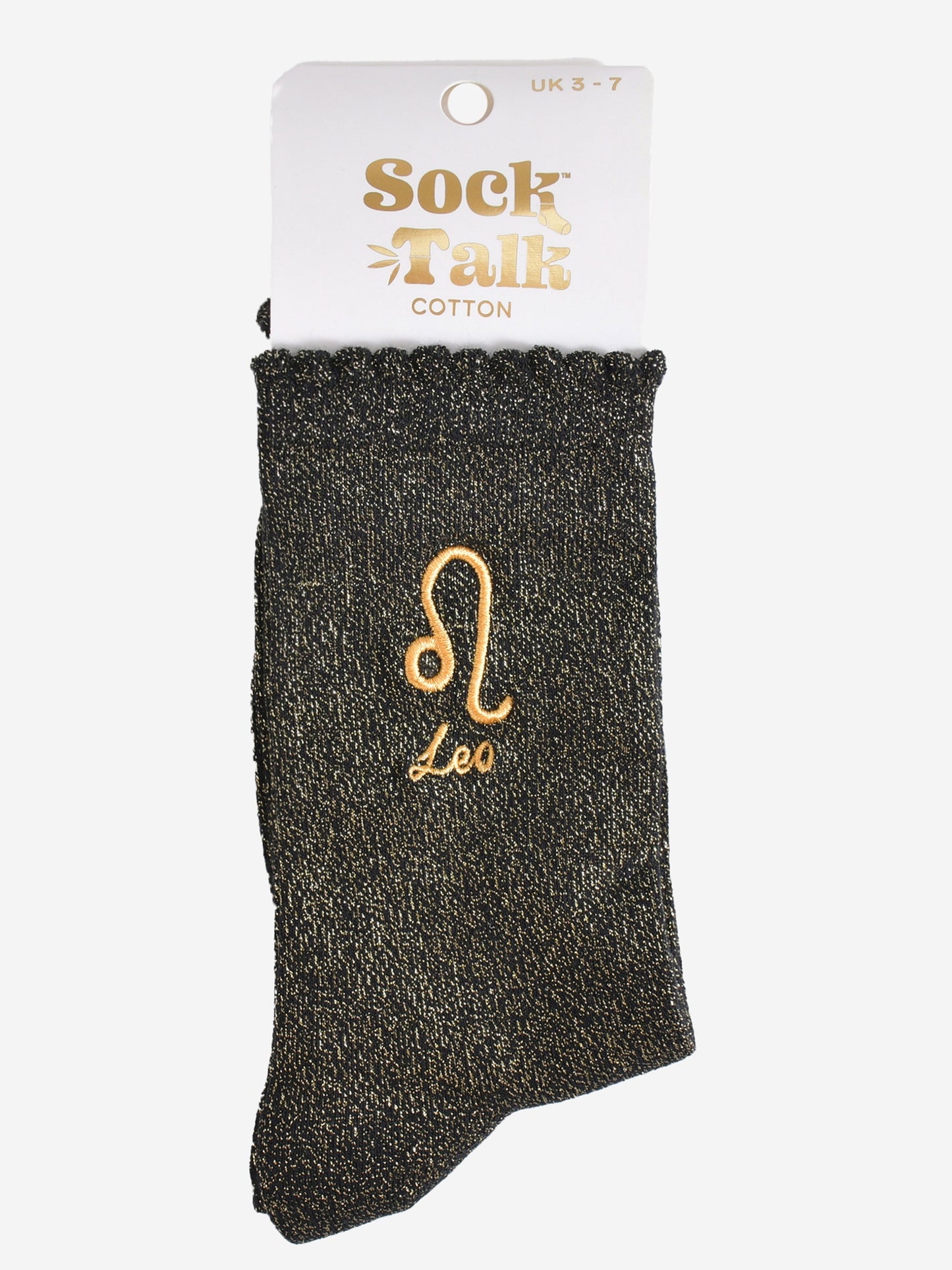 gold and black glitter leo socks in their sock talk packaging, these socks are a uk size 3-7