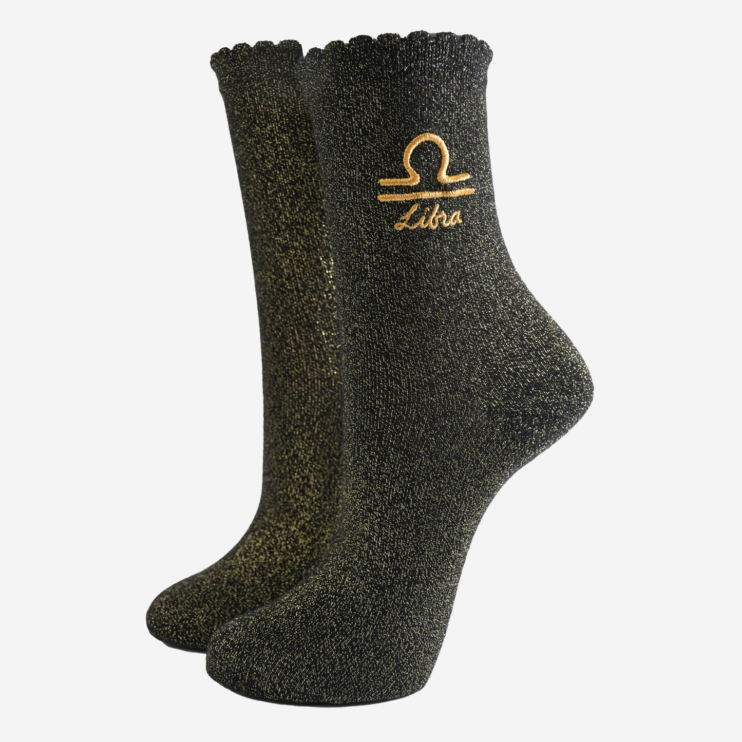 black and gold sparkly ankle socks with a scalloped cuff and an gold embroidered libra zodiac symbol and name