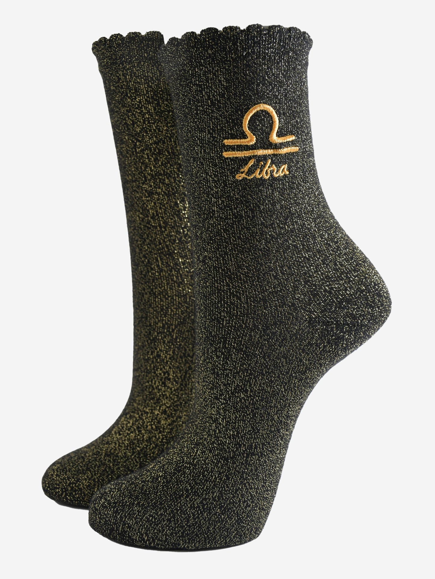 black and gold sparkly ankle socks with a scalloped cuff and an gold embroidered libra zodiac symbol and name