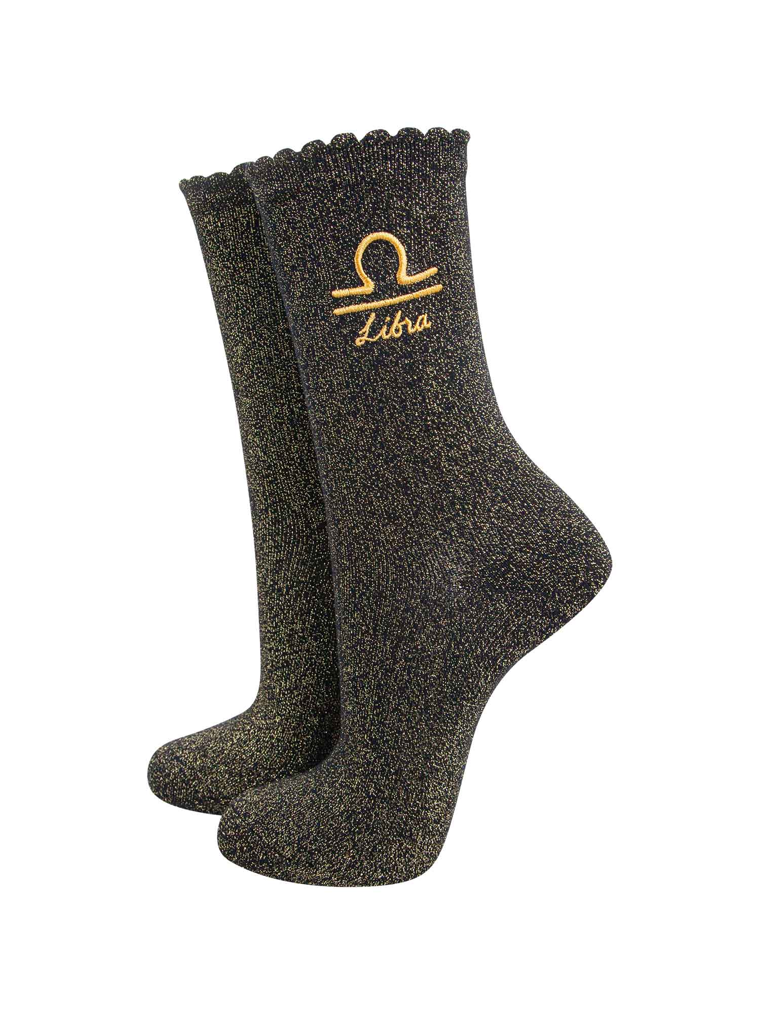 black and gold sparkly ankle socks with a scalloped cuff and an gold embroidered libra zodiac symbol and name